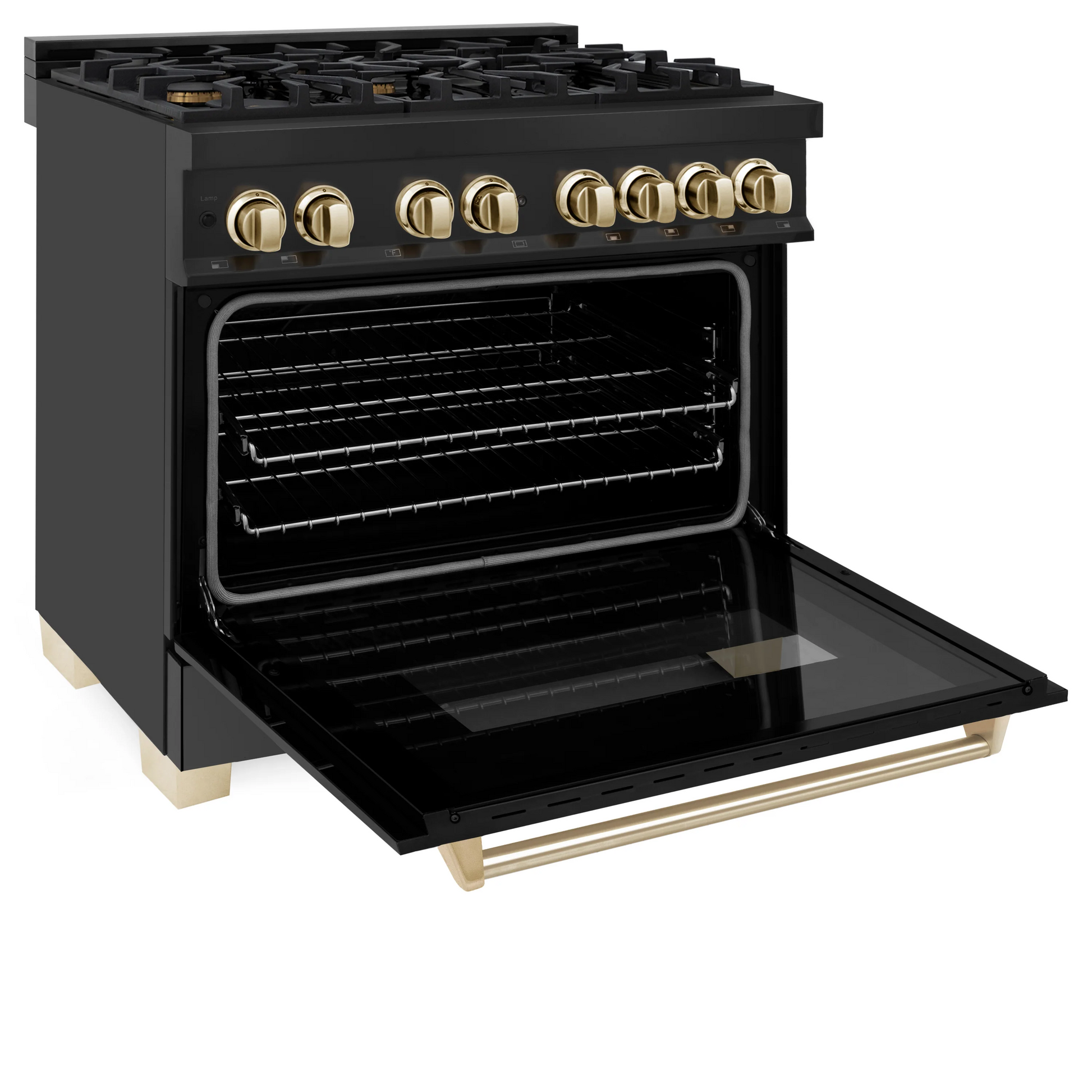 ZLINE Autograph Edition 36" Black Stainless Steel 6 Burner Dual Fuel Range With Gold Accents and 4.6 cu. ft. Electric Oven