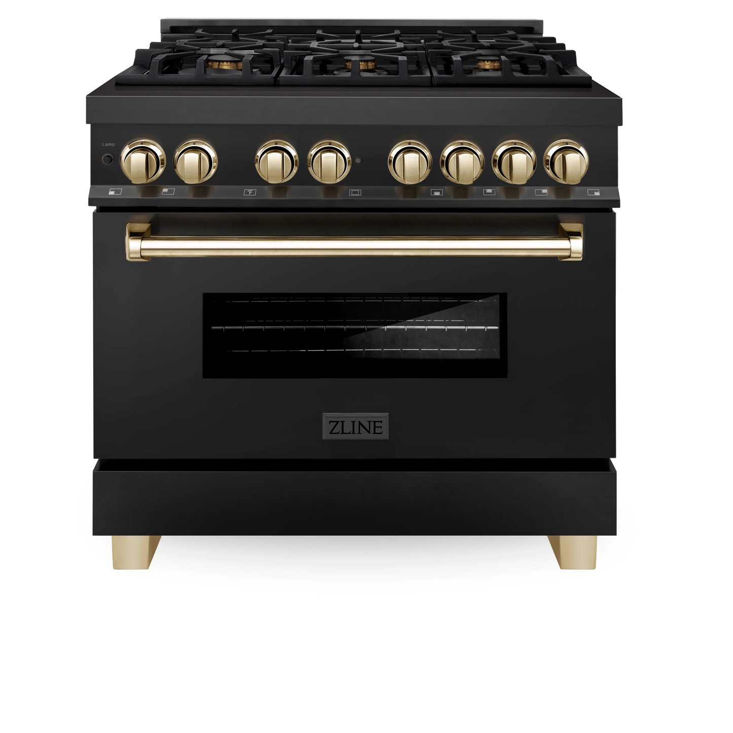 ZLINE Autograph Edition 36" Black Stainless Steel 6 Burner Dual Fuel Range With Gold Accents and 4.6 cu. ft. Electric Oven