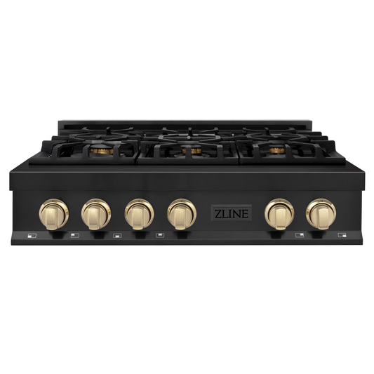 ZLINE Autograph Edition 36" Black Stainless Steel and Gold Accents Porcelain 6 Burner Rangetop