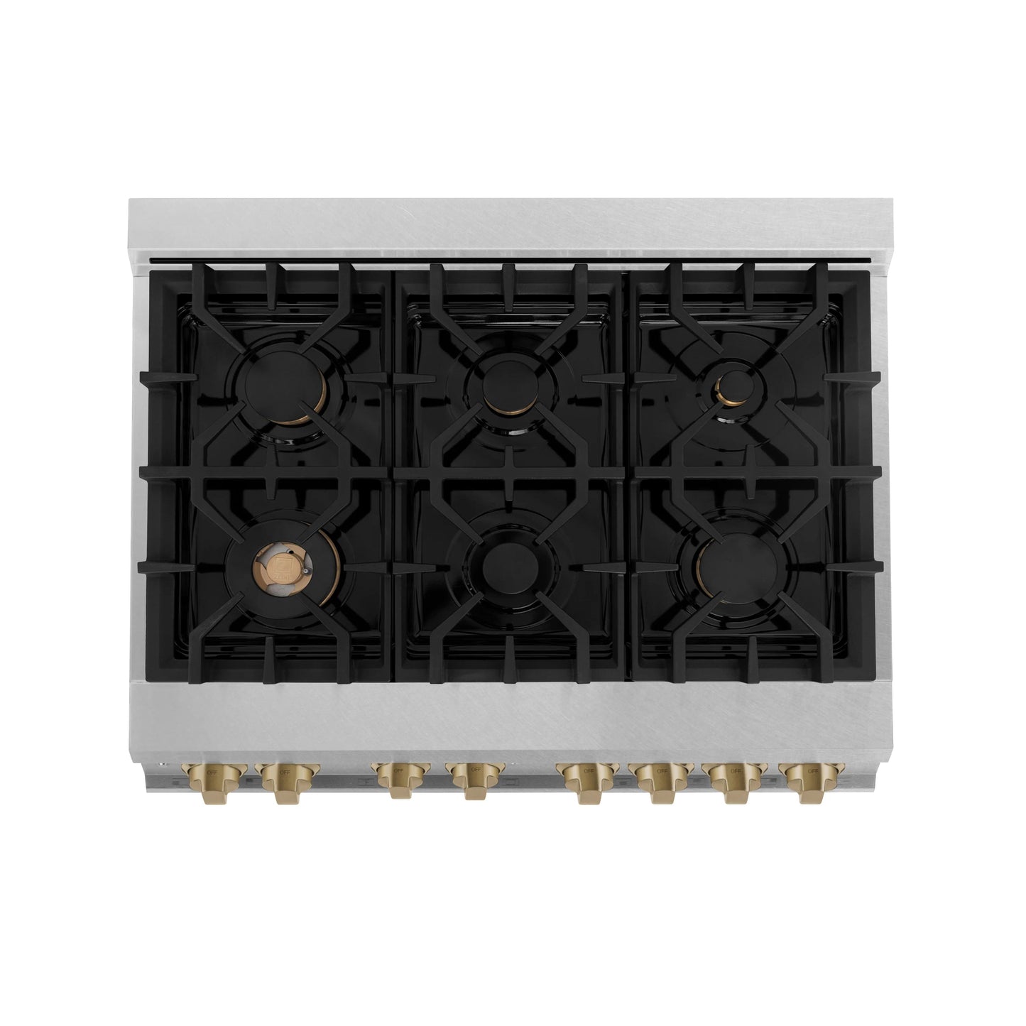 ZLINE Autograph Edition 36" DuraSnow Stainless Steel 6 Burner Dual Fuel Range With Champagne Bronze Accents and 4.6 cu. ft. Electric Oven