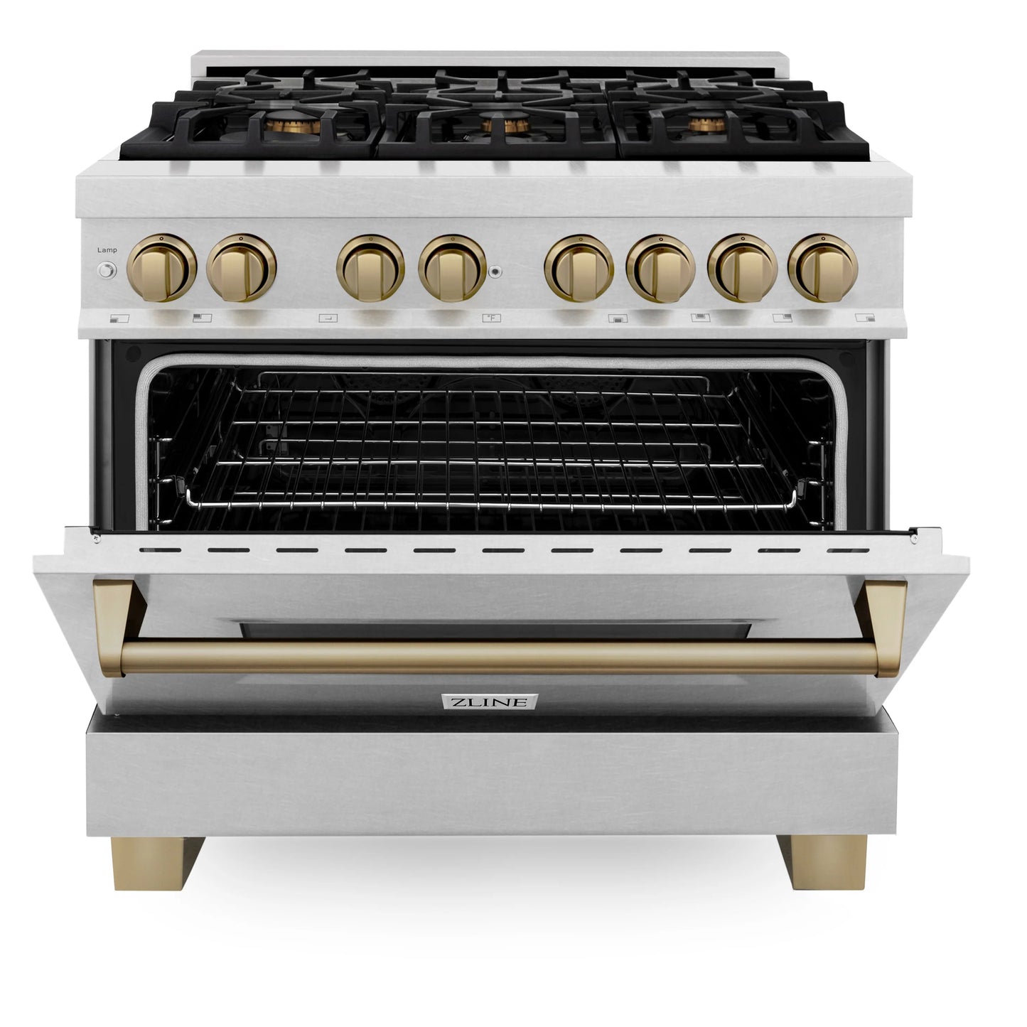 ZLINE Autograph Edition 36" DuraSnow Stainless Steel 6 Burner Dual Fuel Range With Champagne Bronze Accents and 4.6 cu. ft. Electric Oven