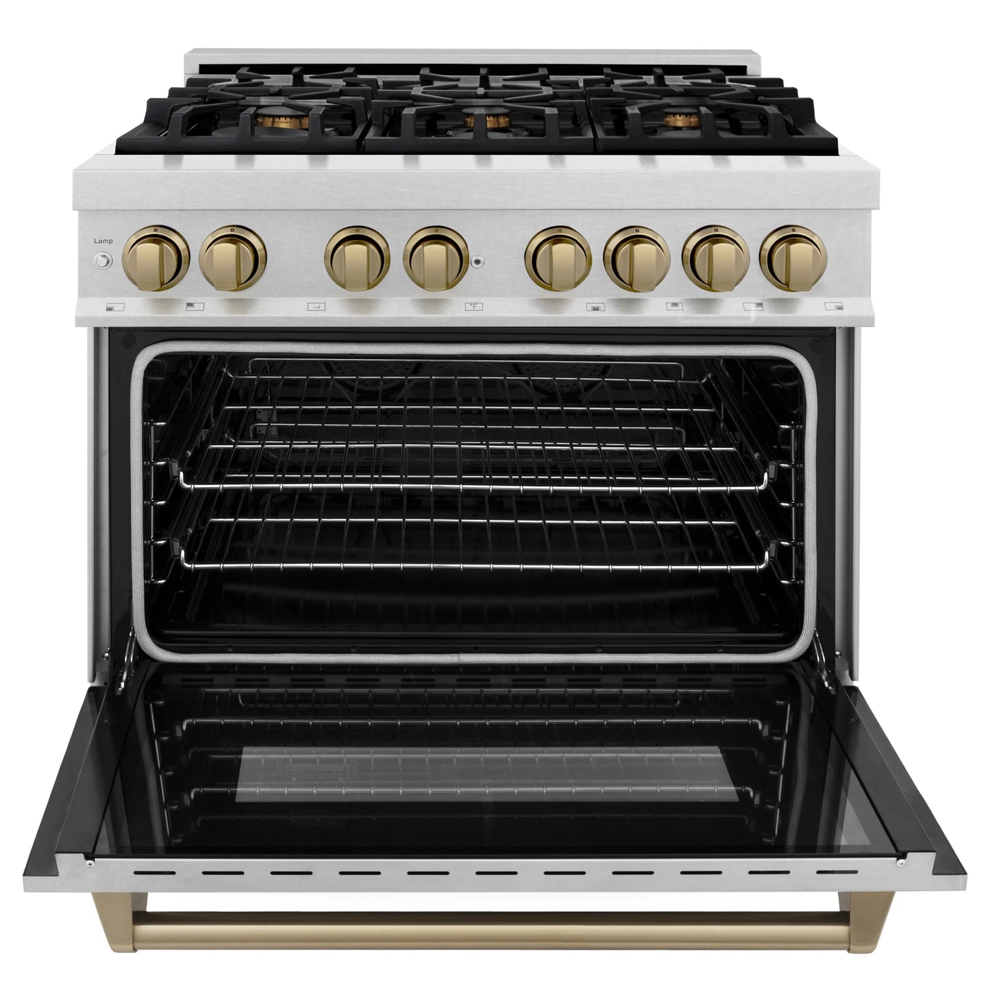 ZLINE Autograph Edition 36" DuraSnow Stainless Steel 6 Burner Dual Fuel Range With Champagne Bronze Accents and 4.6 cu. ft. Electric Oven