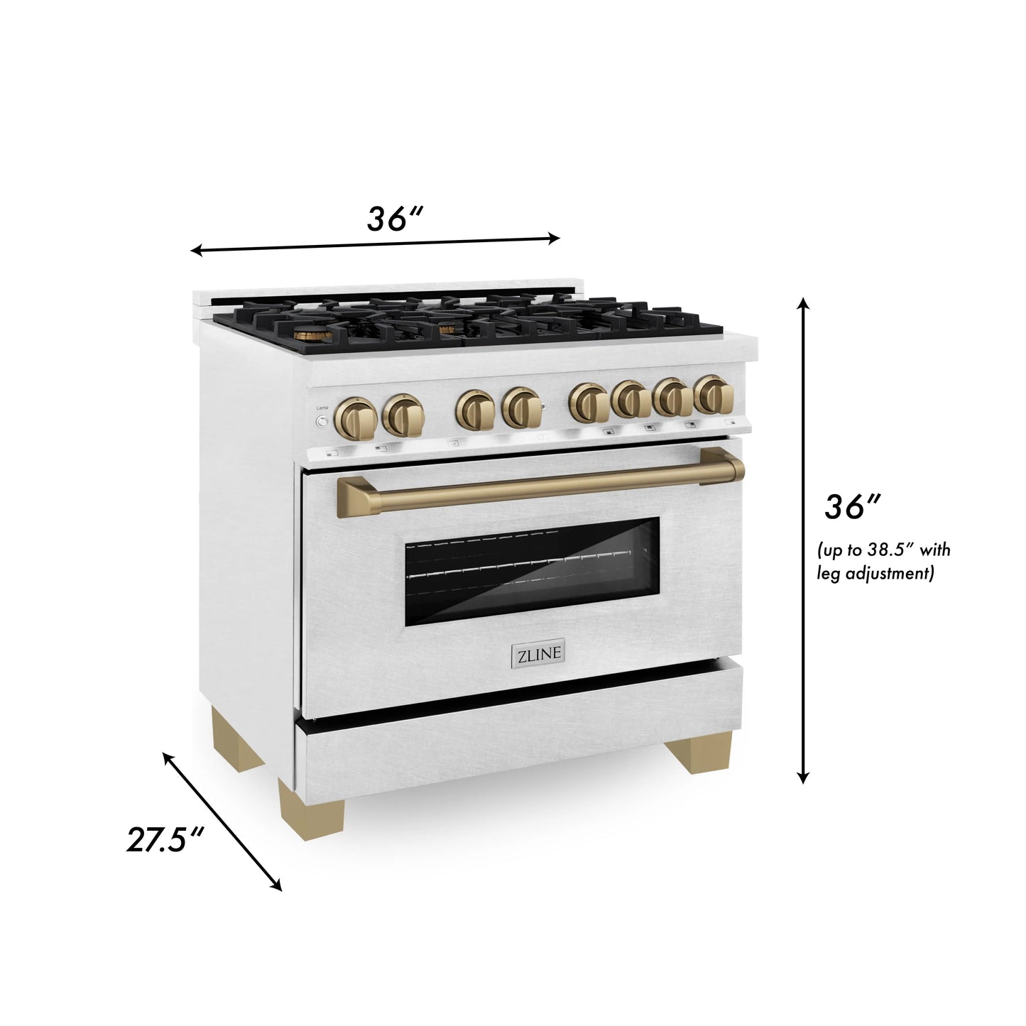 ZLINE Autograph Edition 36" DuraSnow Stainless Steel 6 Burner Dual Fuel Range With Champagne Bronze Accents and 4.6 cu. ft. Electric Oven