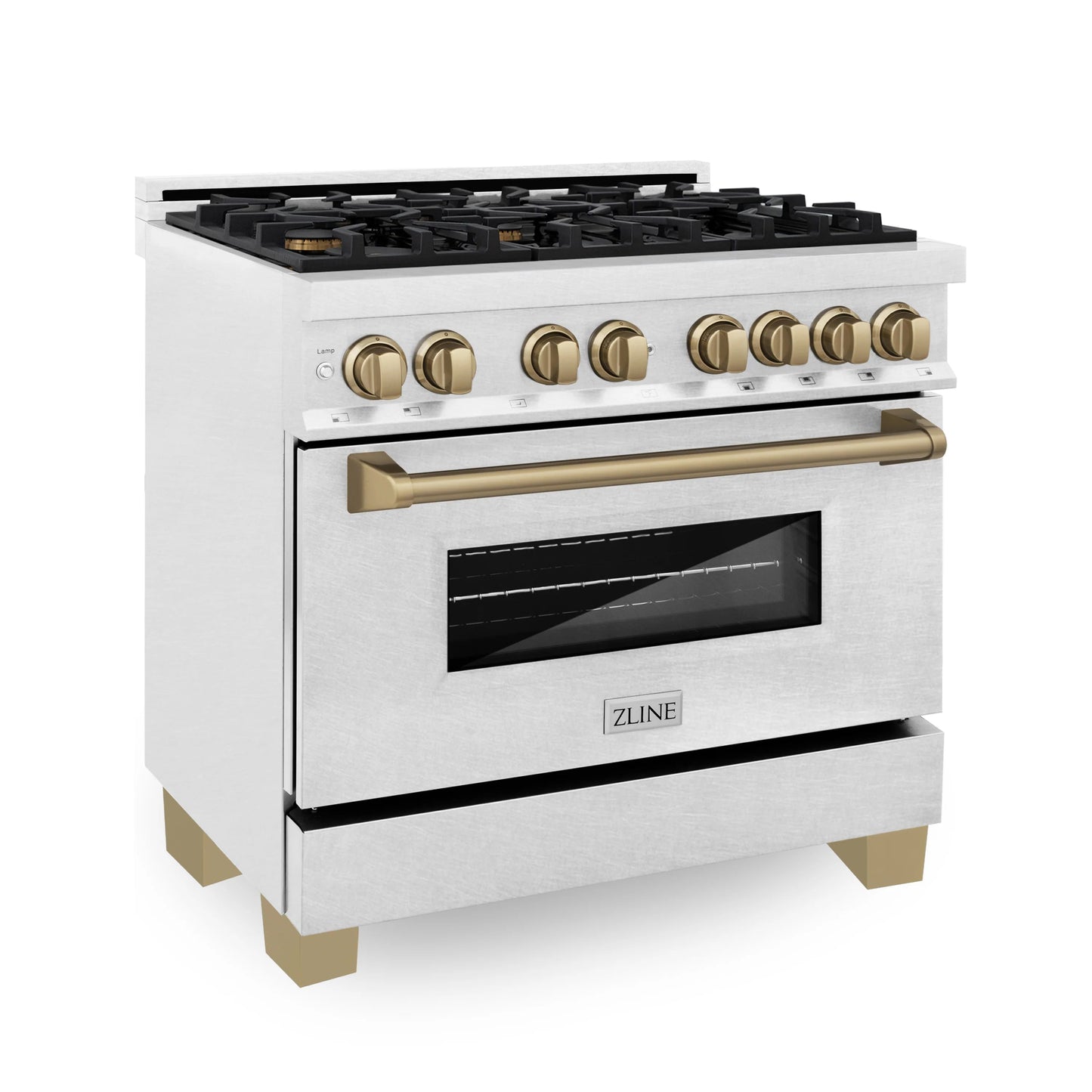 ZLINE Autograph Edition 36" DuraSnow Stainless Steel 6 Burner Dual Fuel Range With Champagne Bronze Accents and 4.6 cu. ft. Electric Oven