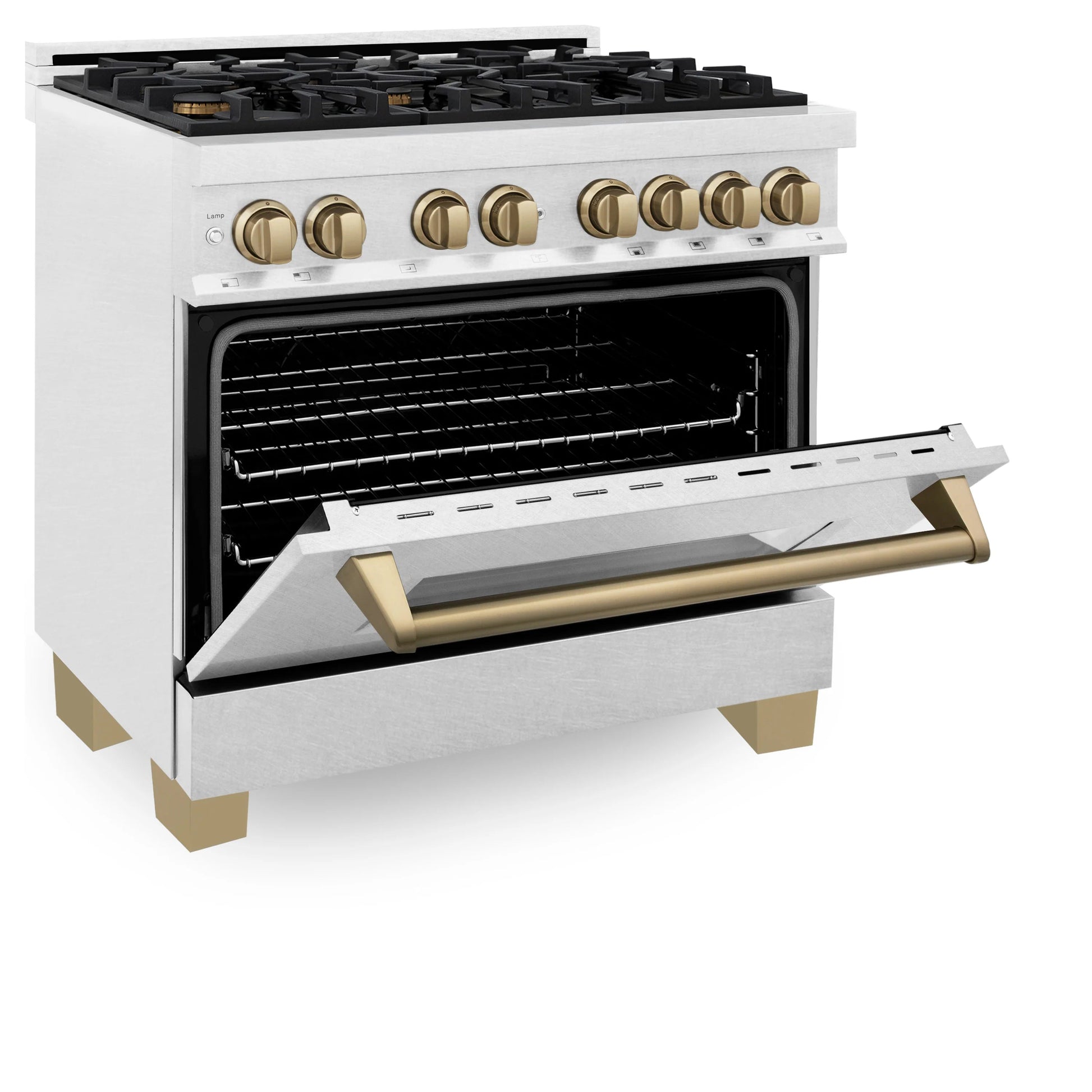 ZLINE Autograph Edition 36" DuraSnow Stainless Steel 6 Burner Dual Fuel Range With Champagne Bronze Accents and 4.6 cu. ft. Electric Oven