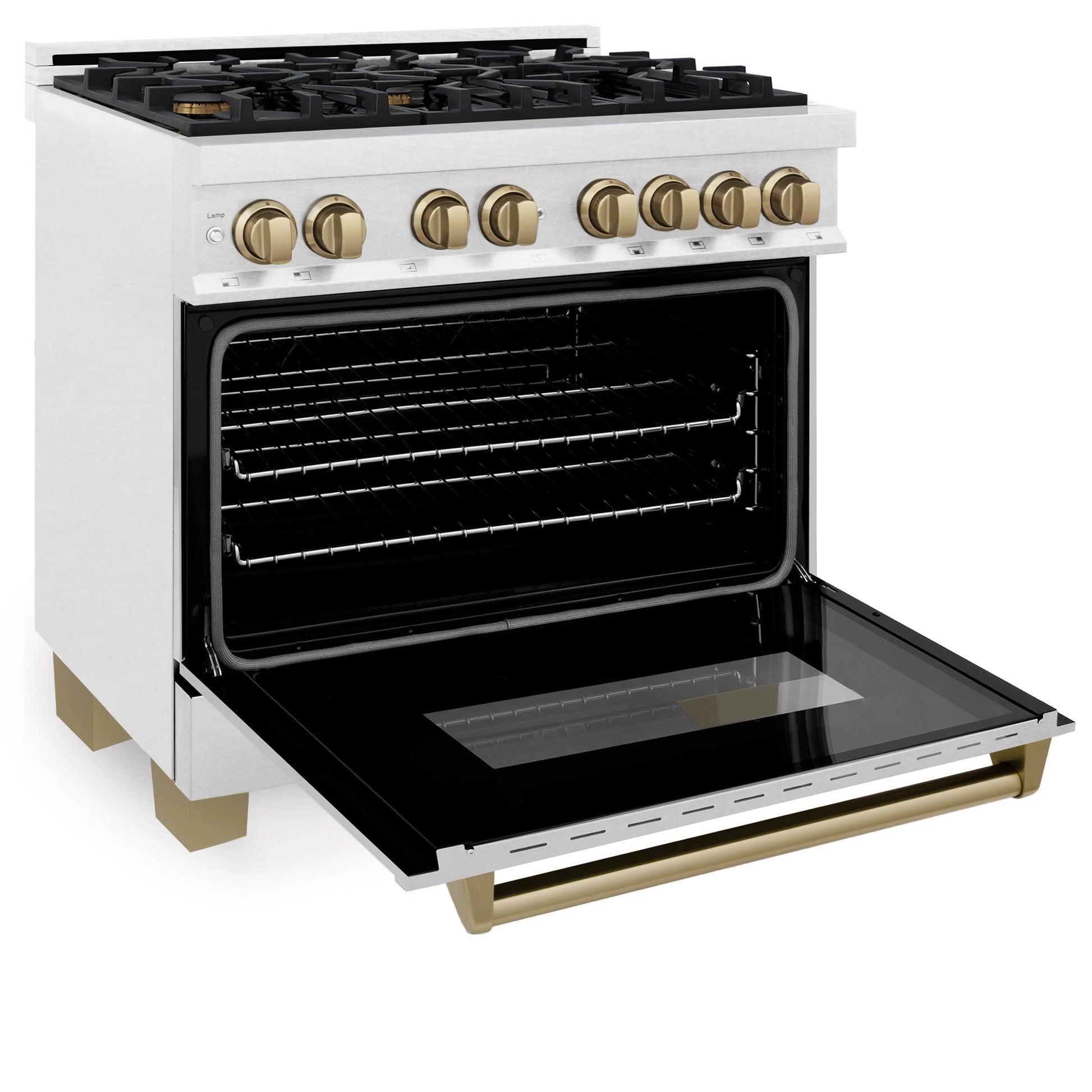 ZLINE Autograph Edition 36" DuraSnow Stainless Steel 6 Burner Dual Fuel Range With Champagne Bronze Accents and 4.6 cu. ft. Electric Oven