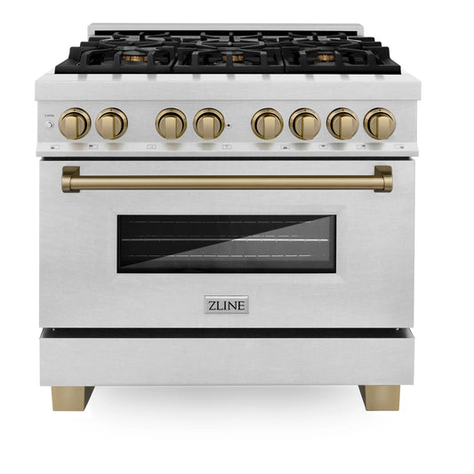 ZLINE Autograph Edition 36" DuraSnow Stainless Steel 6 Burner Dual Fuel Range With Champagne Bronze Accents and 4.6 cu. ft. Electric Oven