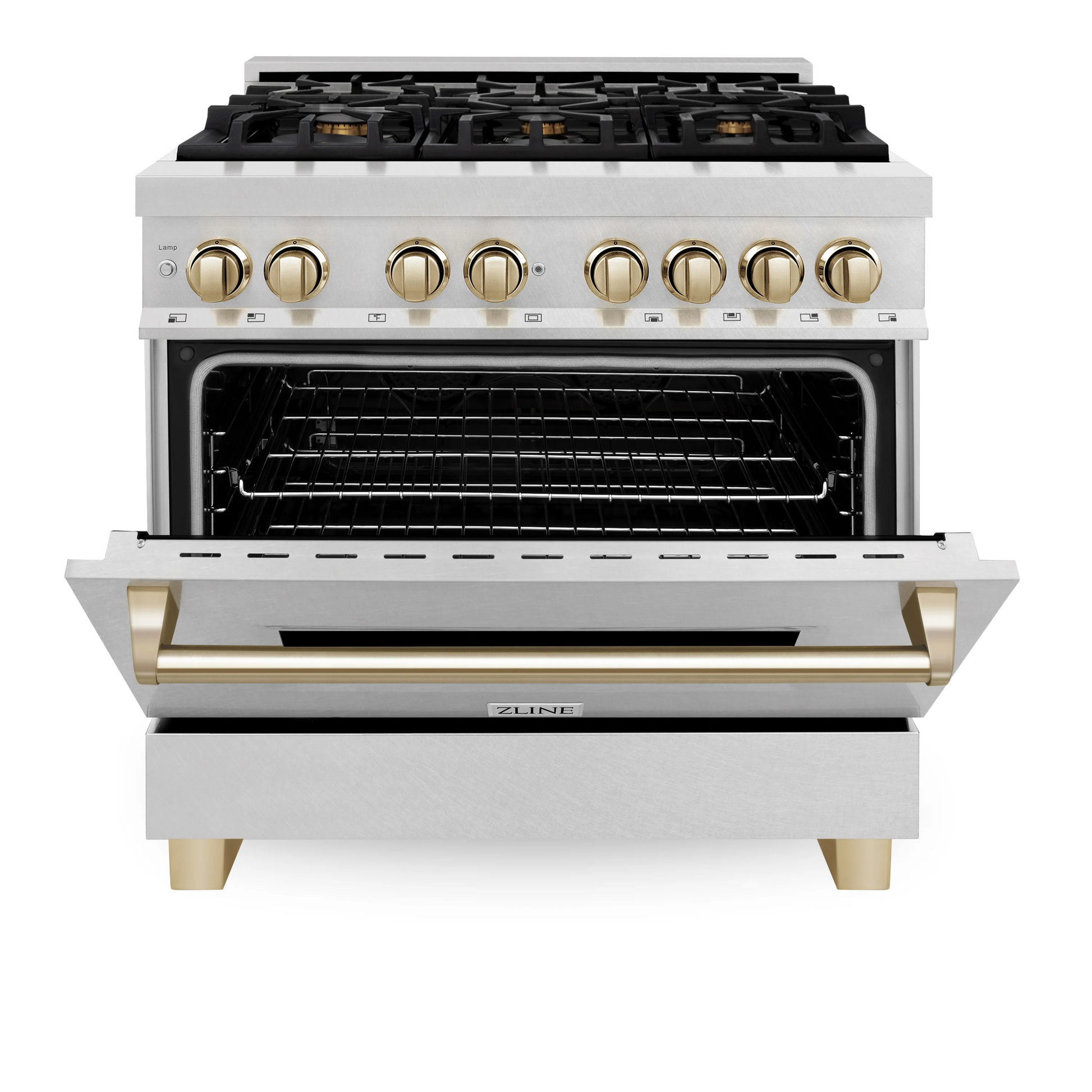 ZLINE Autograph Edition 36" DuraSnow Stainless Steel 6 Burner Dual Fuel Range With Gold Accents and 4.6 cu. ft. Electric Oven