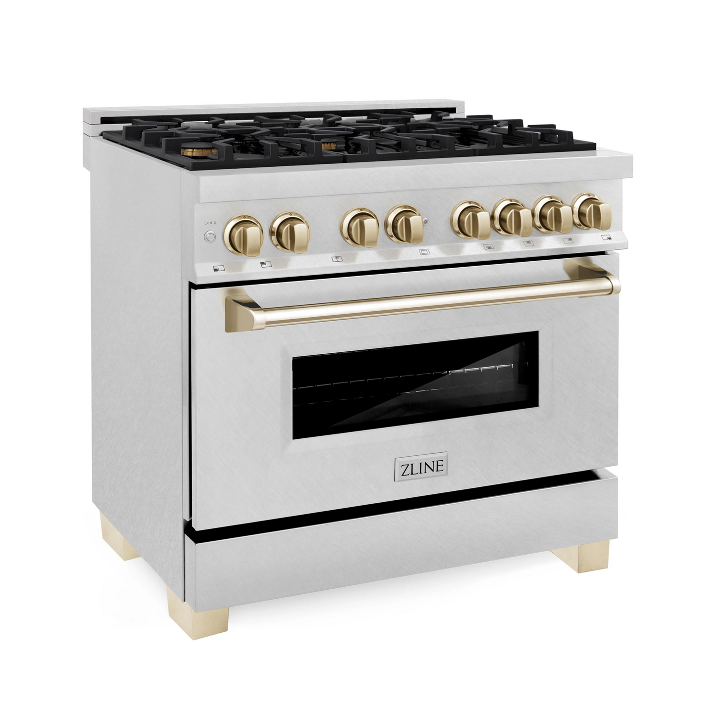 ZLINE Autograph Edition 36" DuraSnow Stainless Steel 6 Burner Dual Fuel Range With Gold Accents and 4.6 cu. ft. Electric Oven