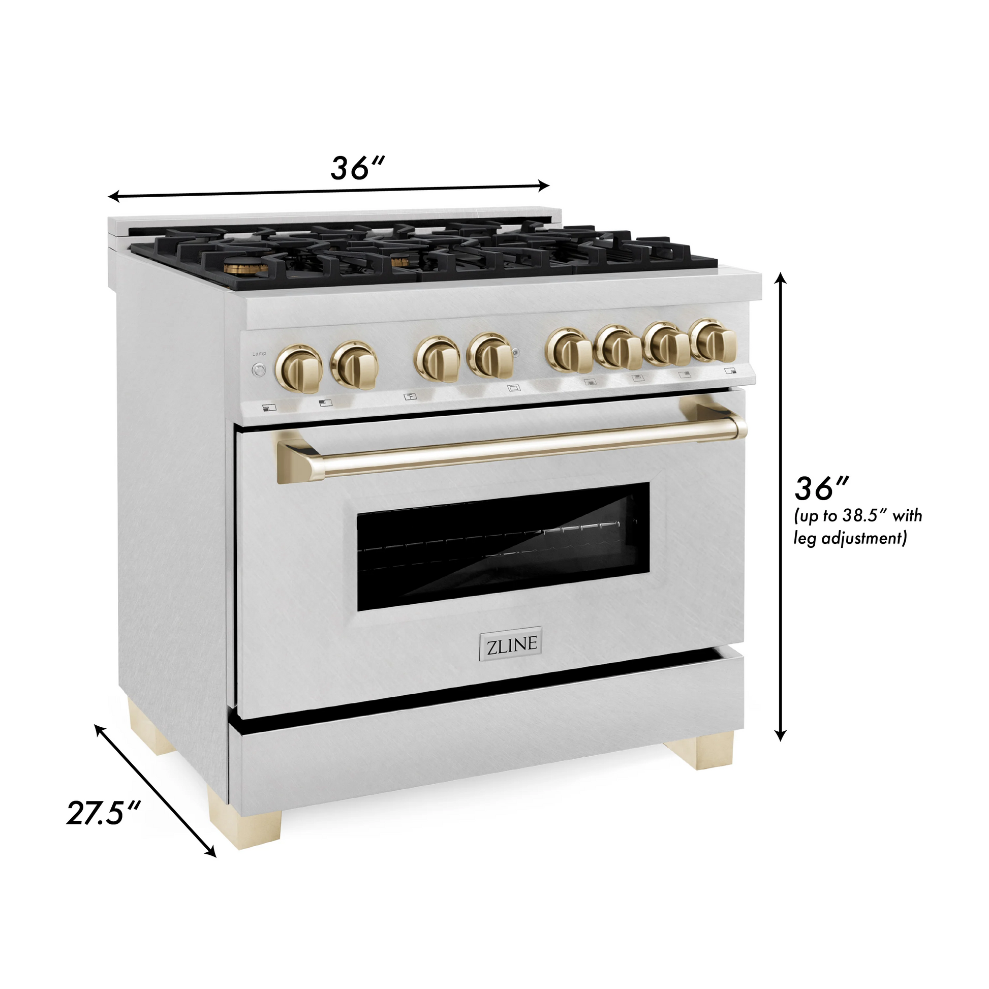 ZLINE Autograph Edition 36" DuraSnow Stainless Steel 6 Burner Dual Fuel Range With Gold Accents and 4.6 cu. ft. Electric Oven