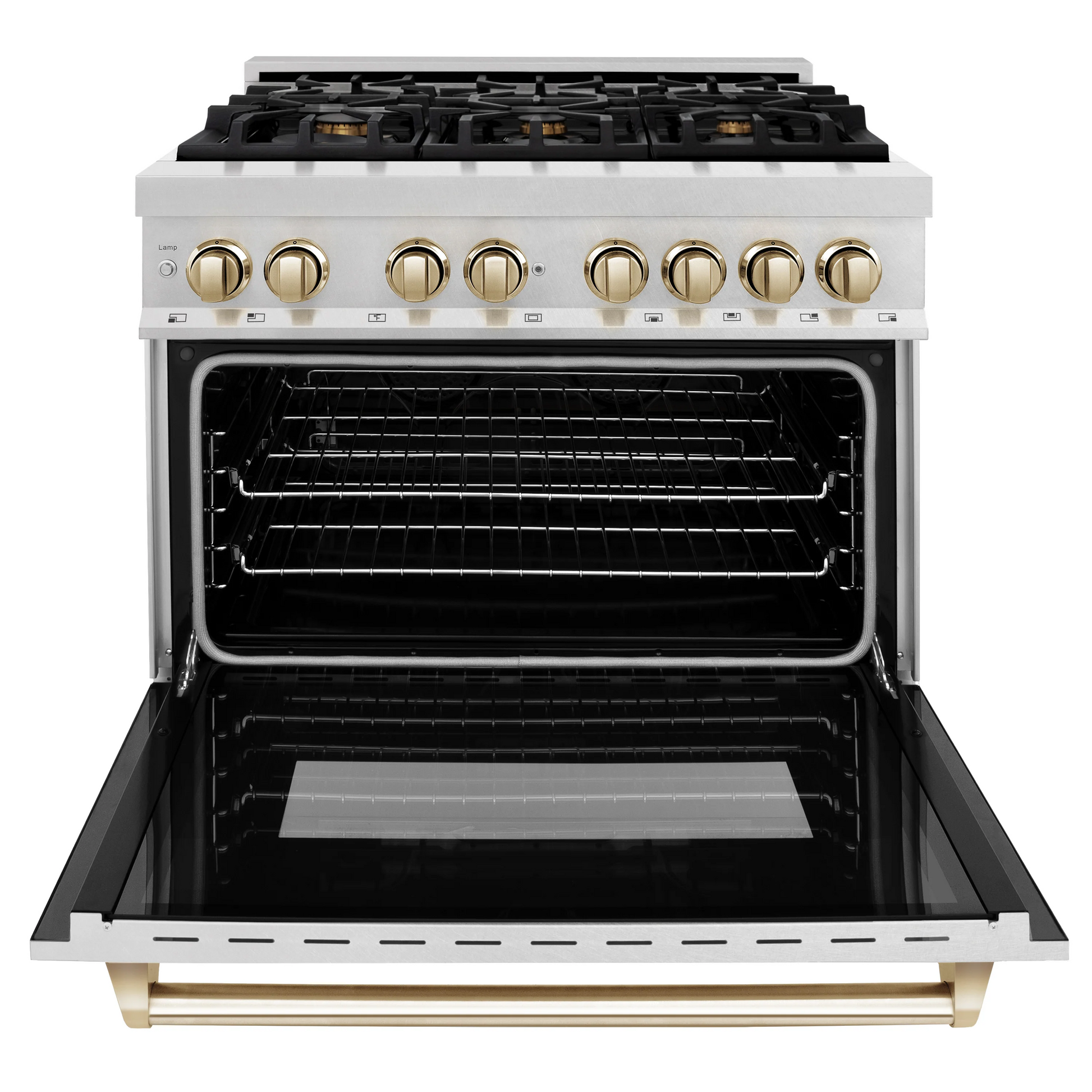 ZLINE Autograph Edition 36" DuraSnow Stainless Steel 6 Burner Dual Fuel Range With Gold Accents and 4.6 cu. ft. Electric Oven