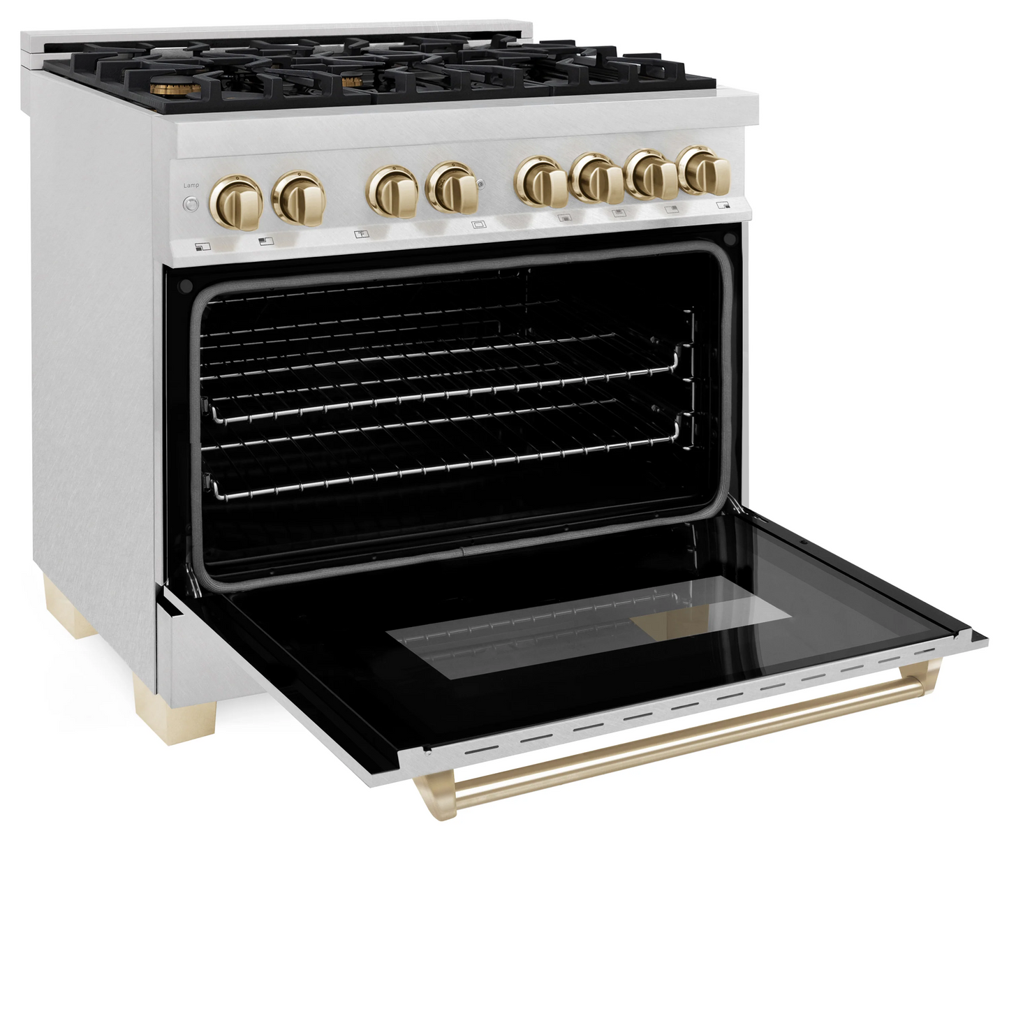 ZLINE Autograph Edition 36" DuraSnow Stainless Steel 6 Burner Dual Fuel Range With Gold Accents and 4.6 cu. ft. Electric Oven