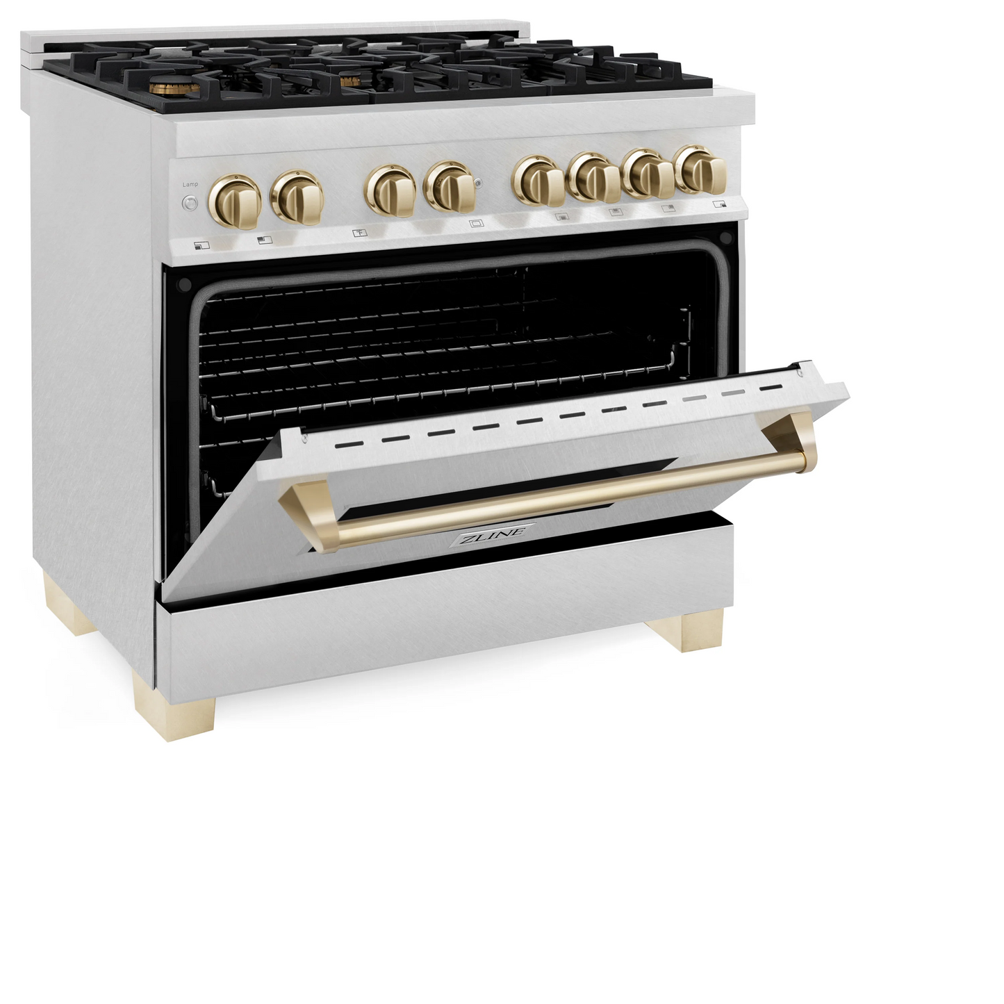 ZLINE Autograph Edition 36" DuraSnow Stainless Steel 6 Burner Dual Fuel Range With Gold Accents and 4.6 cu. ft. Electric Oven