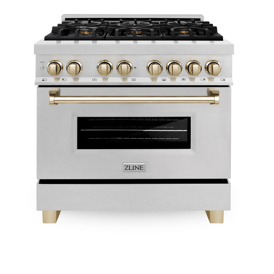 ZLINE Autograph Edition 36" DuraSnow Stainless Steel 6 Burner Dual Fuel Range With Gold Accents and 4.6 cu. ft. Electric Oven