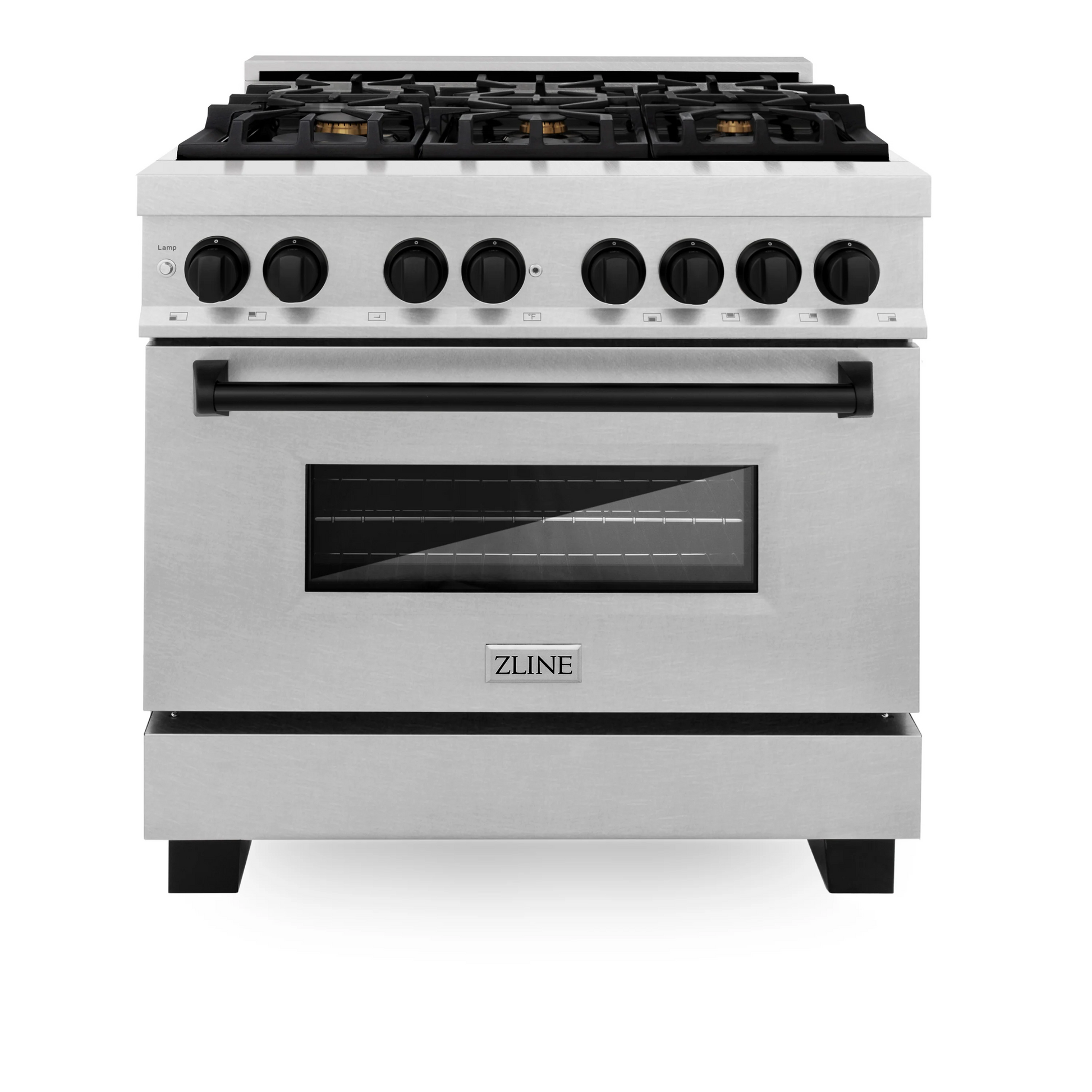 ZLINE Autograph Edition 36" DuraSnow Stainless Steel 6 Burner Dual Fuel Range With Matte Black Accents and 4.6 cu. ft. Electric Oven