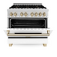 ZLINE Autograph Edition 36" DuraSnow Stainless Steel 6 Burner Dual Fuel Range With White Matte Door, Gold Accents and 4.6 cu. ft. Electric Oven