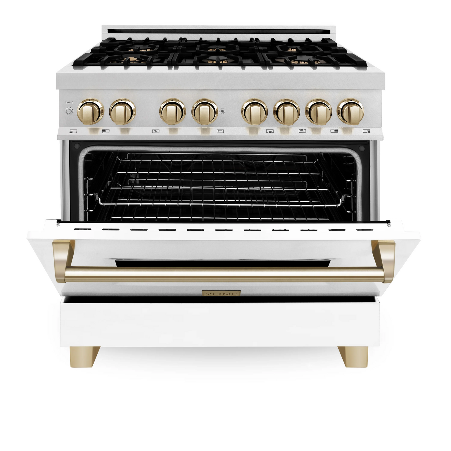 ZLINE Autograph Edition 36" DuraSnow Stainless Steel 6 Burner Dual Fuel Range With White Matte Door, Gold Accents and 4.6 cu. ft. Electric Oven