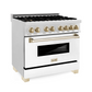 ZLINE Autograph Edition 36" DuraSnow Stainless Steel 6 Burner Dual Fuel Range With White Matte Door, Gold Accents and 4.6 cu. ft. Electric Oven