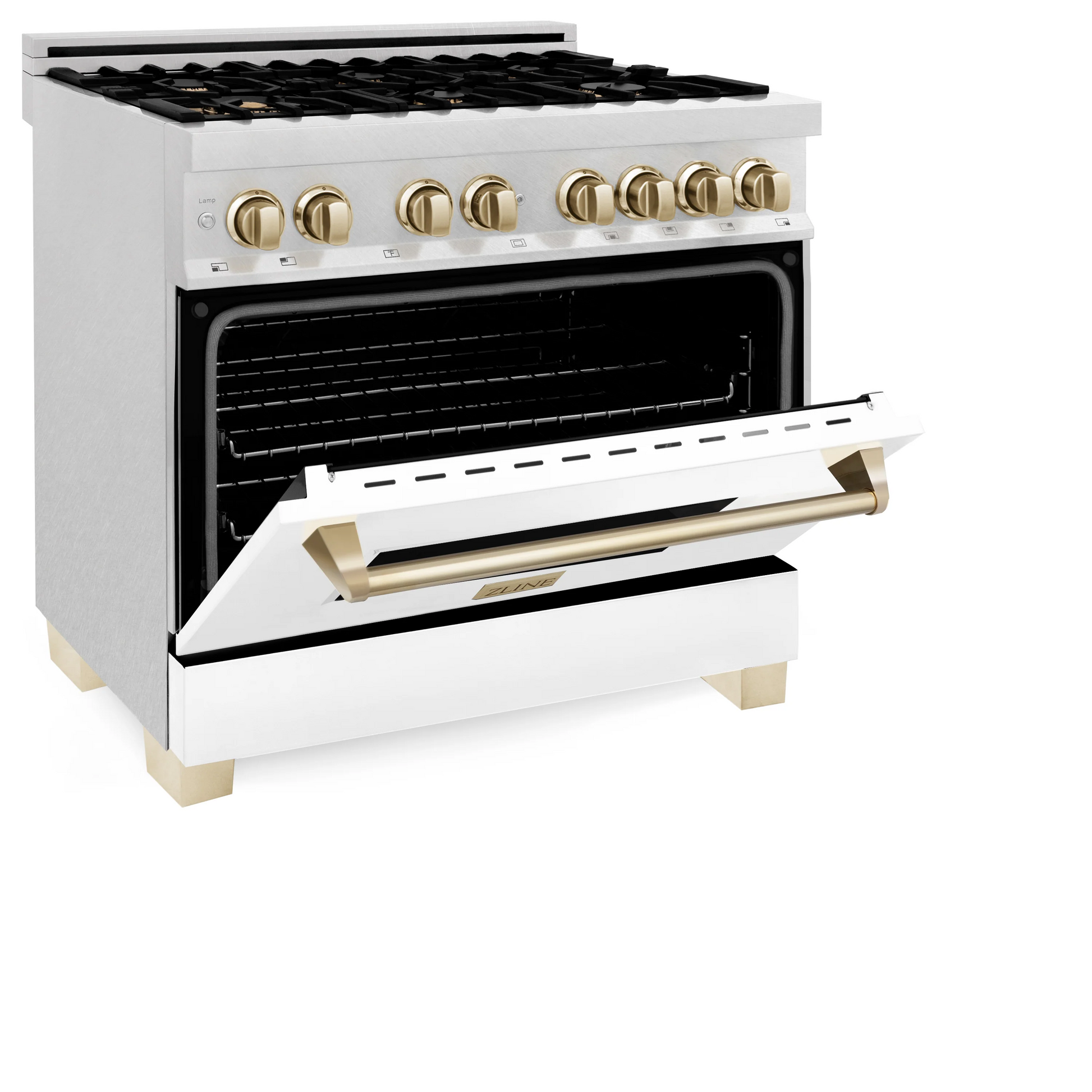 ZLINE Autograph Edition 36" DuraSnow Stainless Steel 6 Burner Dual Fuel Range With White Matte Door, Gold Accents and 4.6 cu. ft. Electric Oven