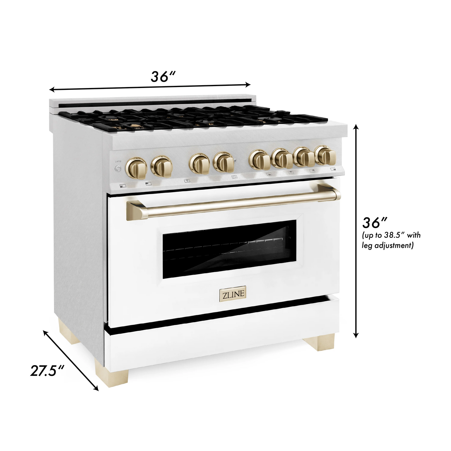 ZLINE Autograph Edition 36" DuraSnow Stainless Steel 6 Burner Dual Fuel Range With White Matte Door, Gold Accents and 4.6 cu. ft. Electric Oven