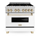 ZLINE Autograph Edition 36" DuraSnow Stainless Steel 6 Burner Dual Fuel Range With White Matte Door, Gold Accents and 4.6 cu. ft. Electric Oven