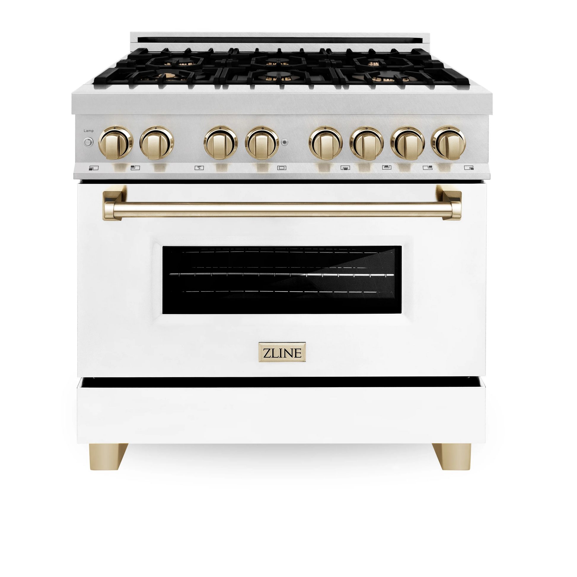 ZLINE Autograph Edition 36" DuraSnow Stainless Steel 6 Burner Dual Fuel Range With White Matte Door, Gold Accents and 4.6 cu. ft. Electric Oven