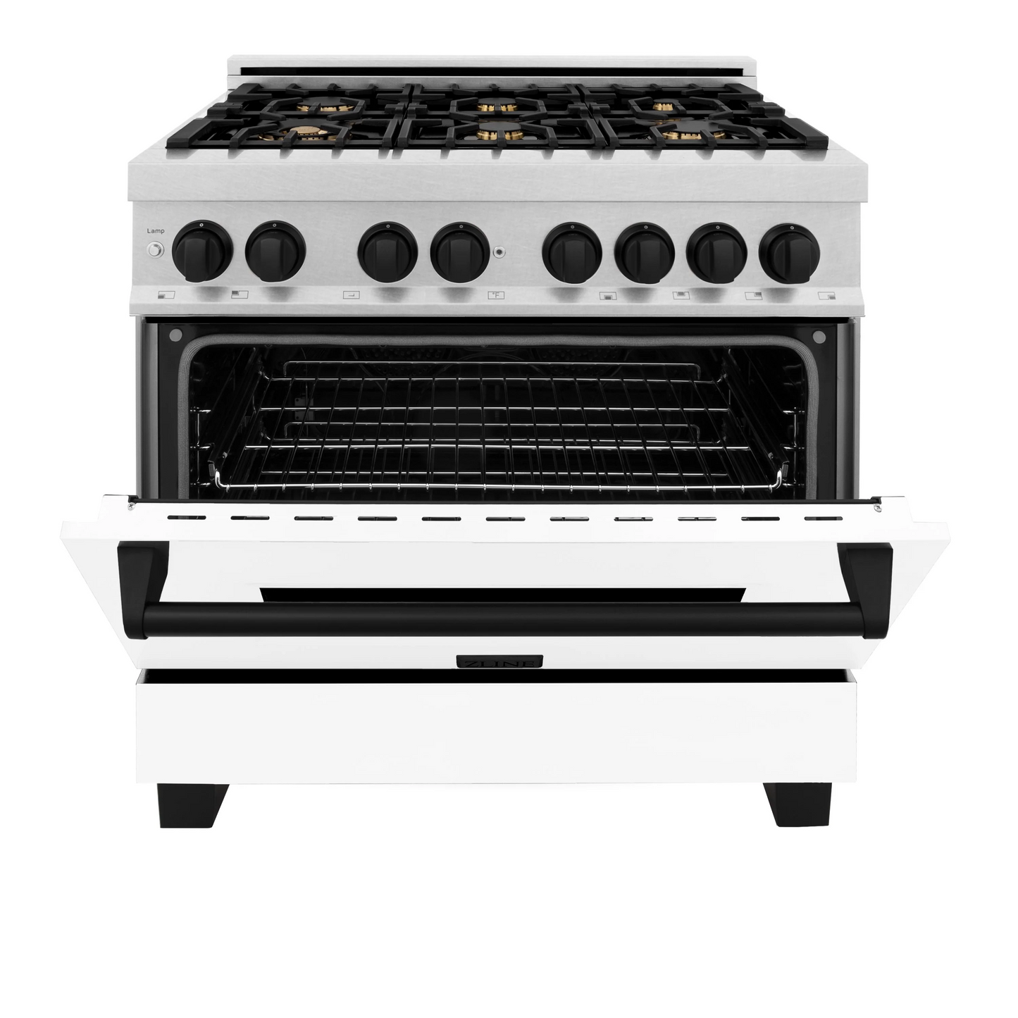 ZLINE Autograph Edition 36" DuraSnow Stainless Steel 6 Burner Dual Fuel Range With White Matte Door, Matte Black Accents and 4.6 cu. ft. Electric Oven