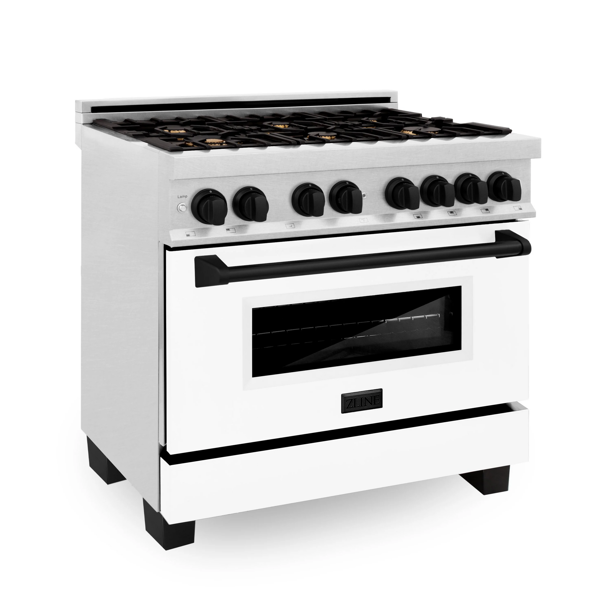 ZLINE Autograph Edition 36" DuraSnow Stainless Steel 6 Burner Dual Fuel Range With White Matte Door, Matte Black Accents and 4.6 cu. ft. Electric Oven