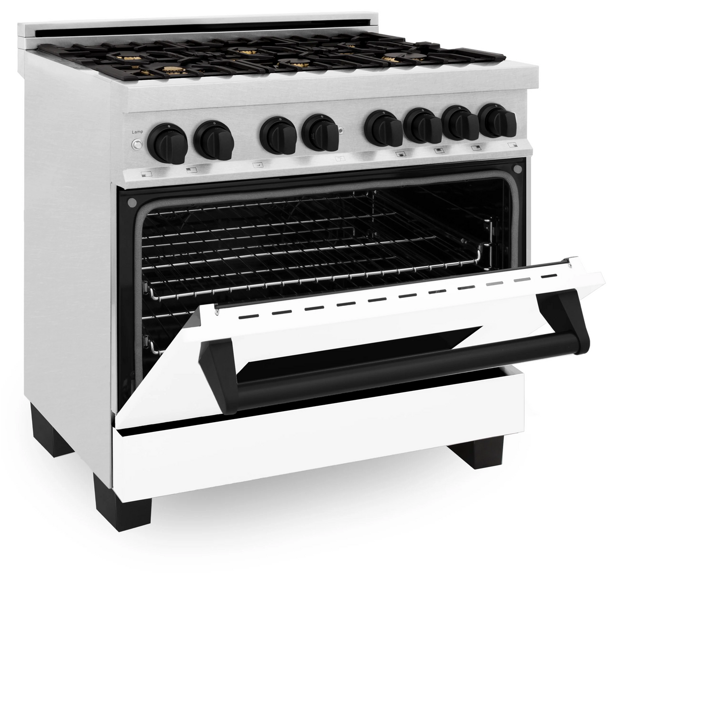 ZLINE Autograph Edition 36" DuraSnow Stainless Steel 6 Burner Dual Fuel Range With White Matte Door, Matte Black Accents and 4.6 cu. ft. Electric Oven