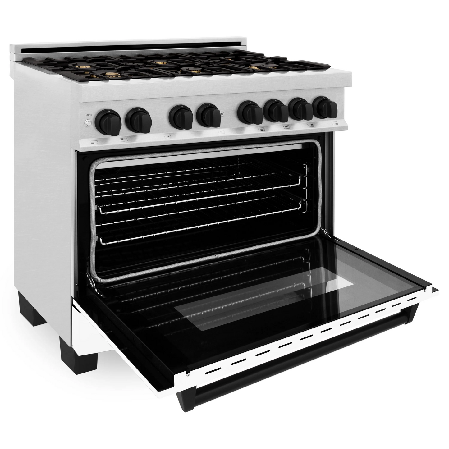 ZLINE Autograph Edition 36" DuraSnow Stainless Steel 6 Burner Dual Fuel Range With White Matte Door, Matte Black Accents and 4.6 cu. ft. Electric Oven