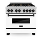 ZLINE Autograph Edition 36" DuraSnow Stainless Steel 6 Burner Dual Fuel Range With White Matte Door, Matte Black Accents and 4.6 cu. ft. Electric Oven