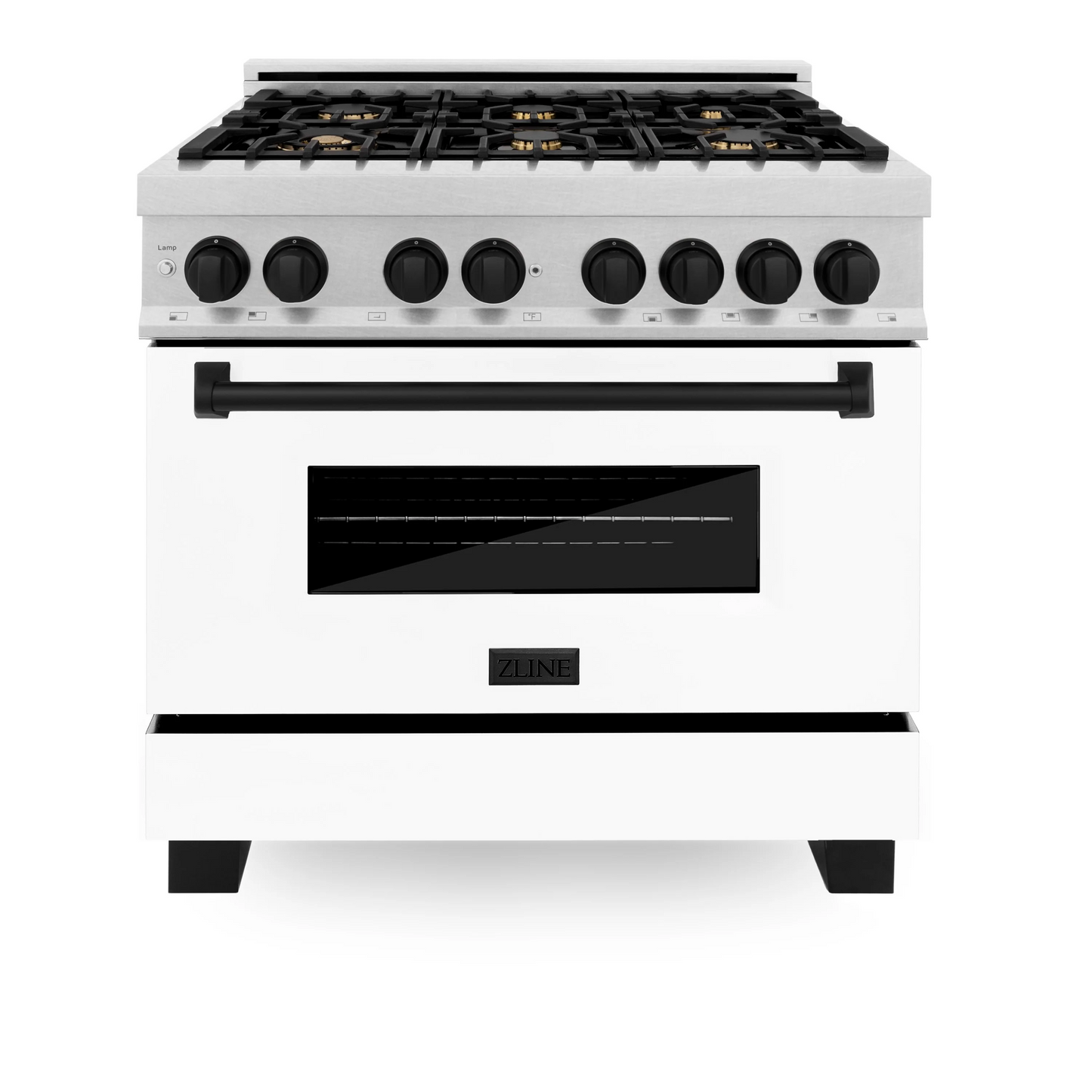 ZLINE Autograph Edition 36" DuraSnow Stainless Steel 6 Burner Dual Fuel Range With White Matte Door, Matte Black Accents and 4.6 cu. ft. Electric Oven