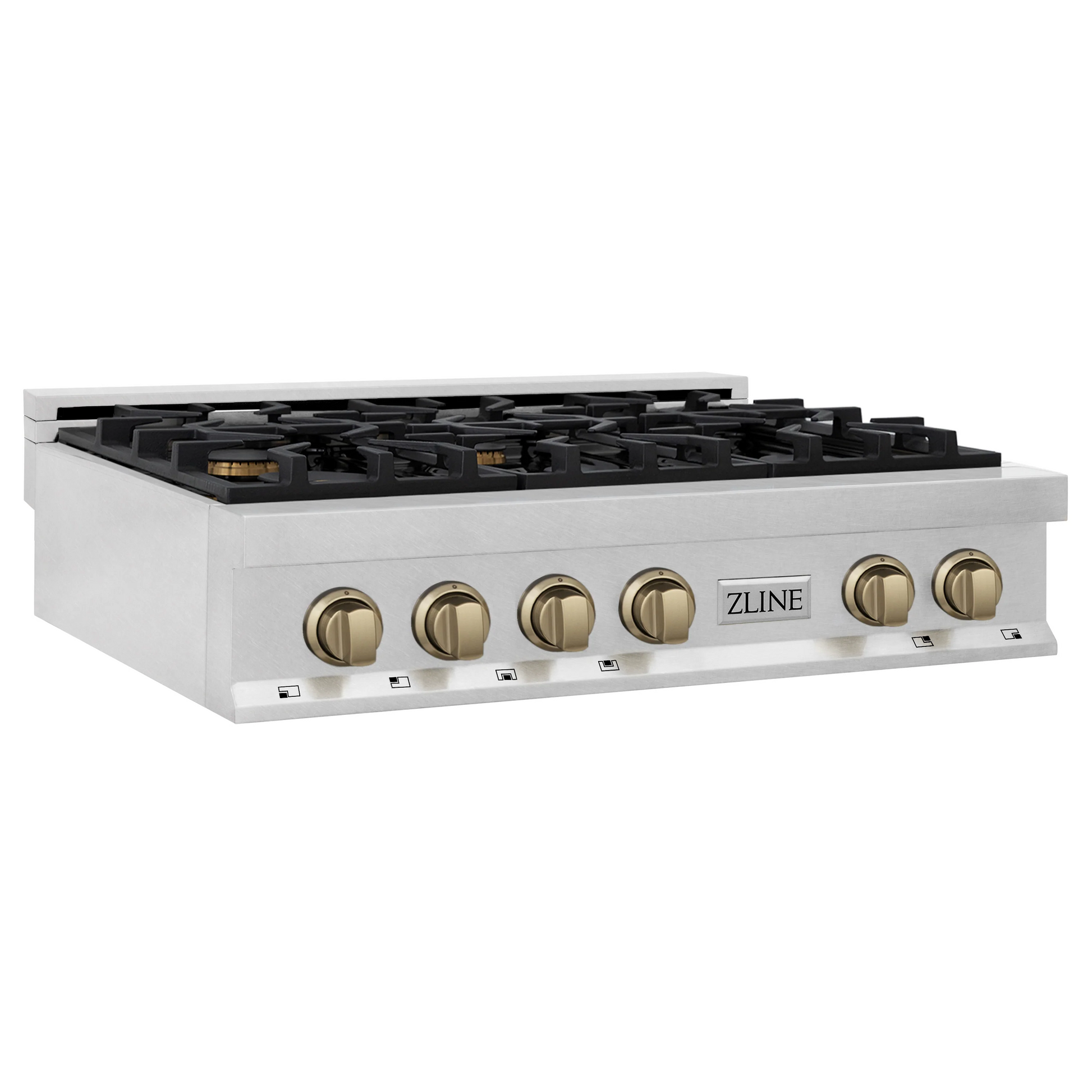 ZLINE Autograph Edition 36" DuraSnow Stainless Steel and Champagne Bronze Accents Porcelain 6 Burner Rangetop