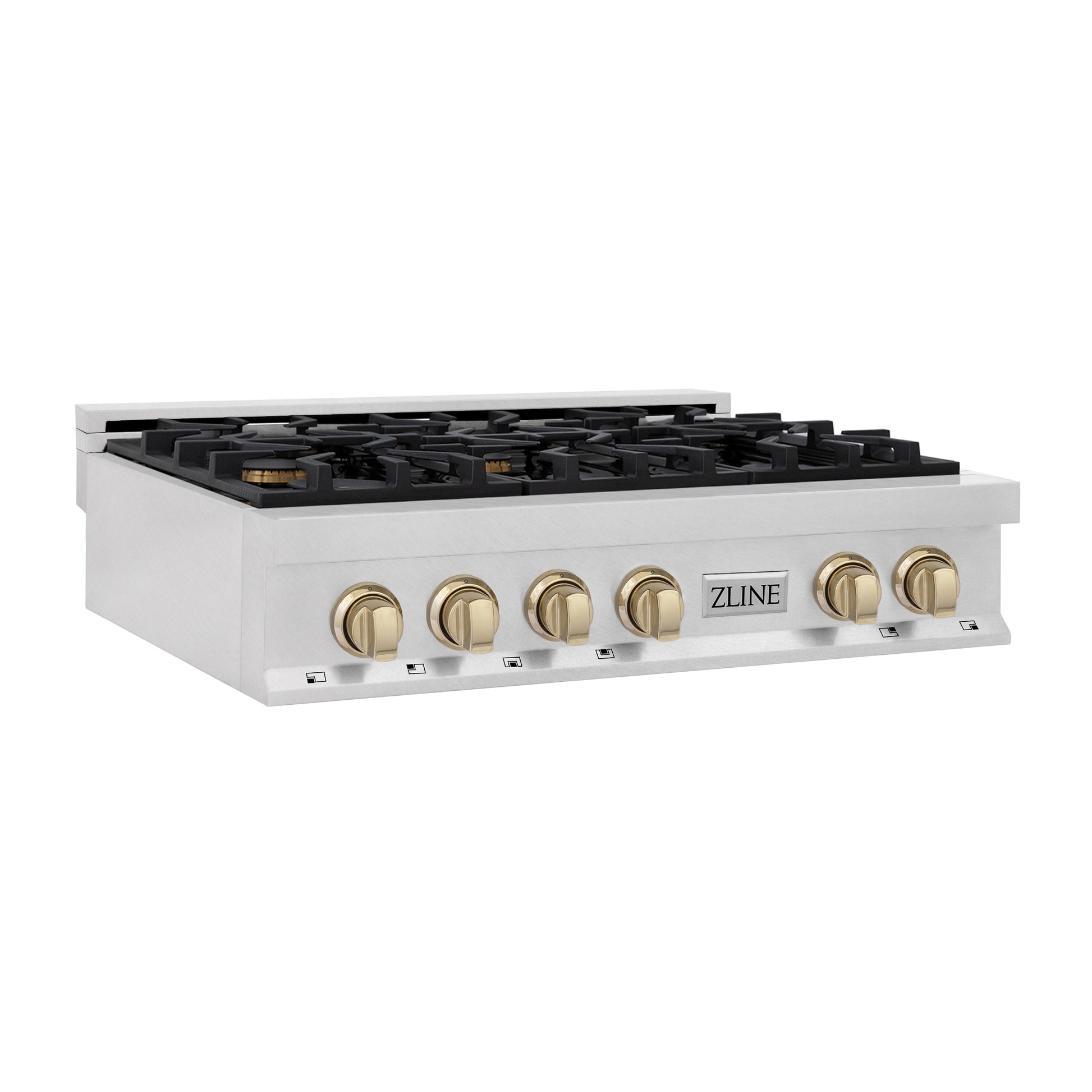 ZLINE Autograph Edition 36" DuraSnow Stainless Steel and Gold Accents Porcelain 6 Burner Rangetop