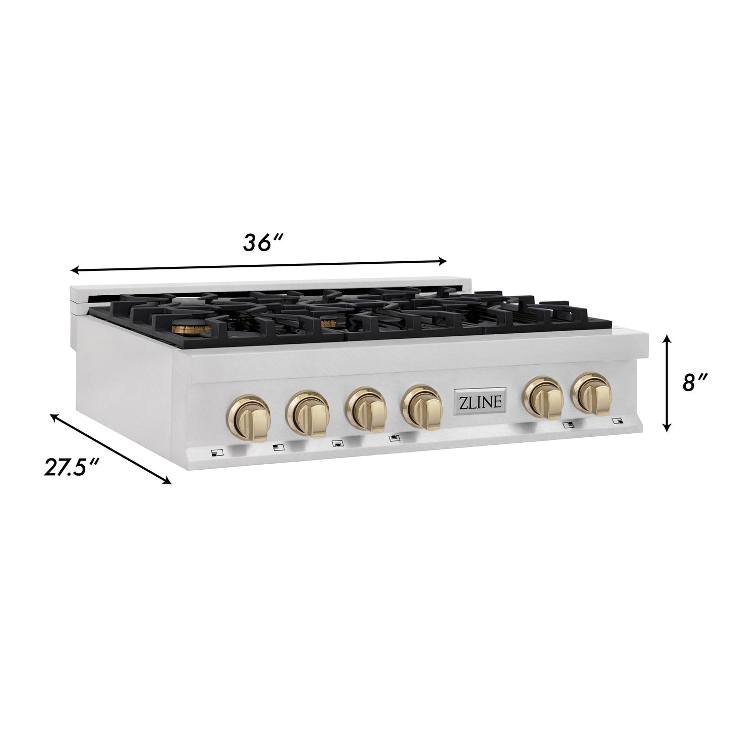 ZLINE Autograph Edition 36" DuraSnow Stainless Steel and Gold Accents Porcelain 6 Burner Rangetop