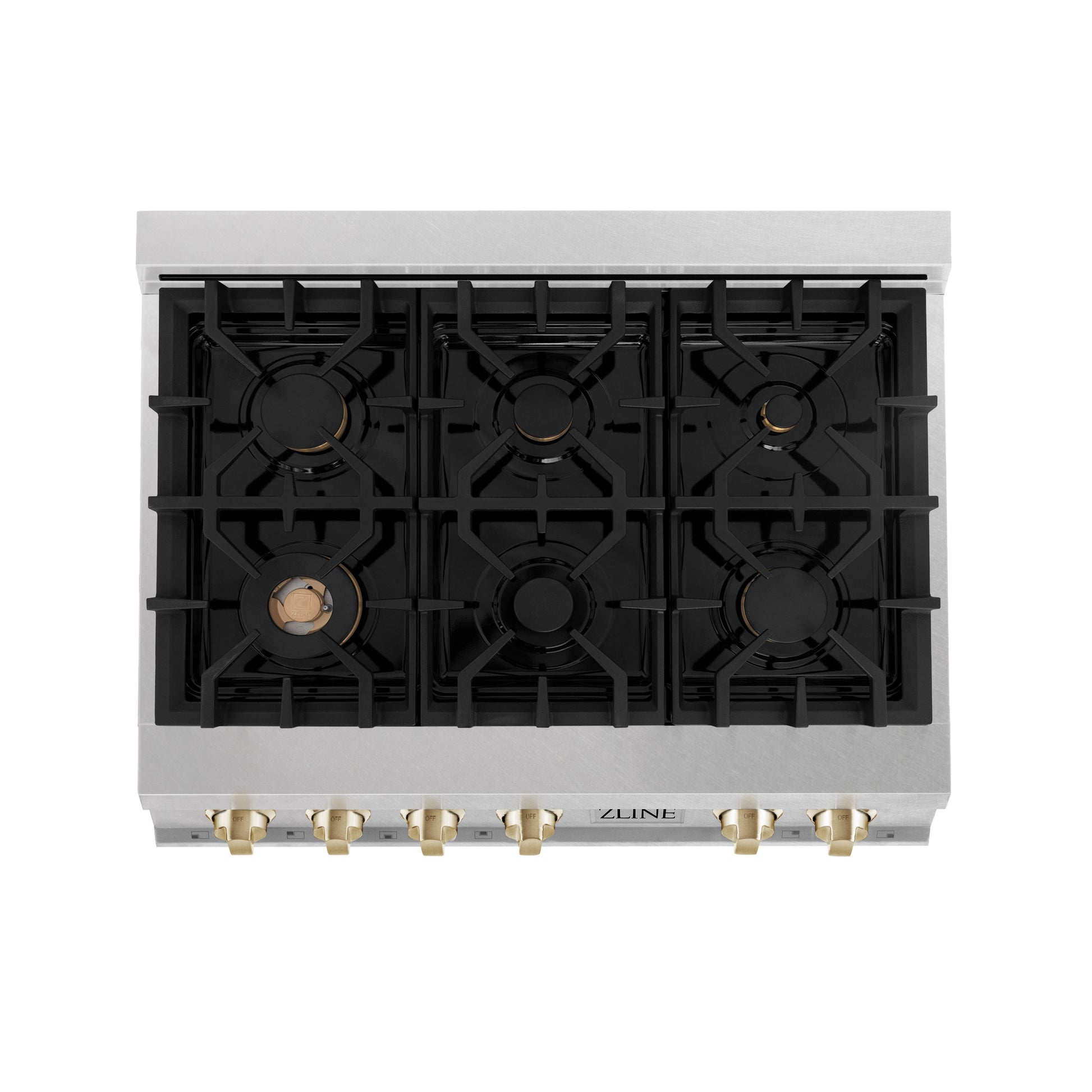 ZLINE Autograph Edition 36" DuraSnow Stainless Steel and Gold Accents Porcelain 6 Burner Rangetop