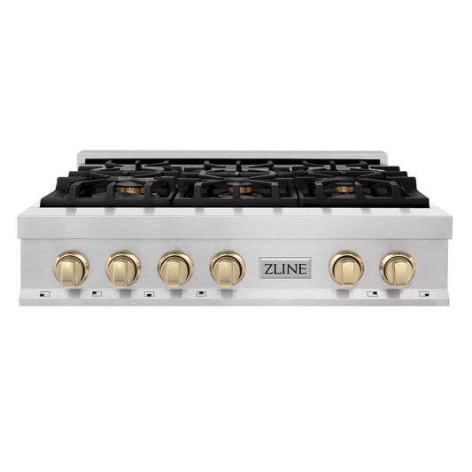 ZLINE Autograph Edition 36" DuraSnow Stainless Steel and Gold Accents Porcelain 6 Burner Rangetop