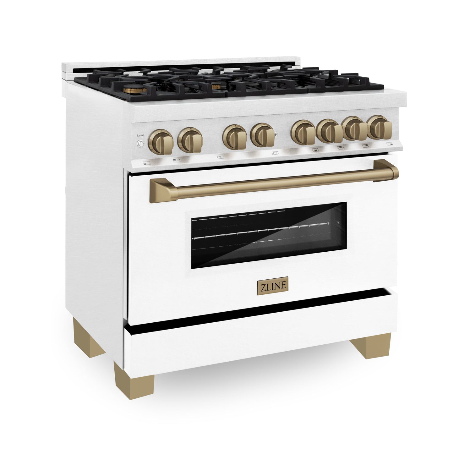 ZLINE Autograph Edition 36" DuraSnow Stainless Steel with White Matte Door and Champagne Bronze Accents 4.6 cu. ft. Dual Fuel Range Gas Stove and Electric Oven