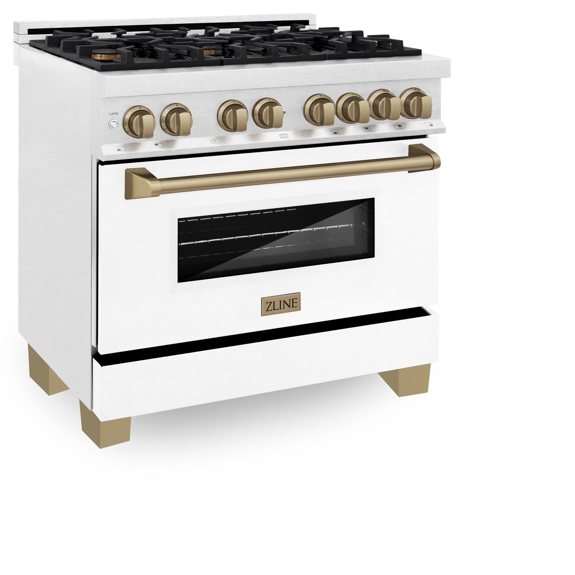 ZLINE Autograph Edition 36" DuraSnow Stainless Steel with White Matte Door and Champagne Bronze Accents 4.6 cu. ft. Dual Fuel Range Gas Stove and Electric Oven