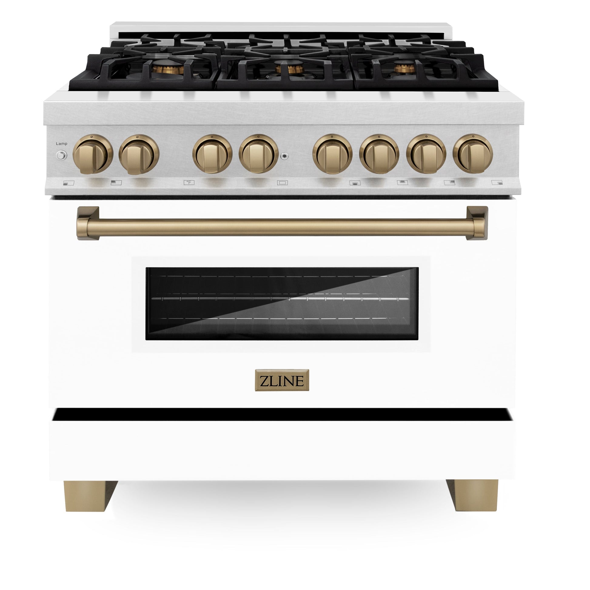 ZLINE Autograph Edition 36" DuraSnow Stainless Steel with White Matte Door and Champagne Bronze Accents 4.6 cu. ft. Dual Fuel Range Gas Stove and Electric Oven