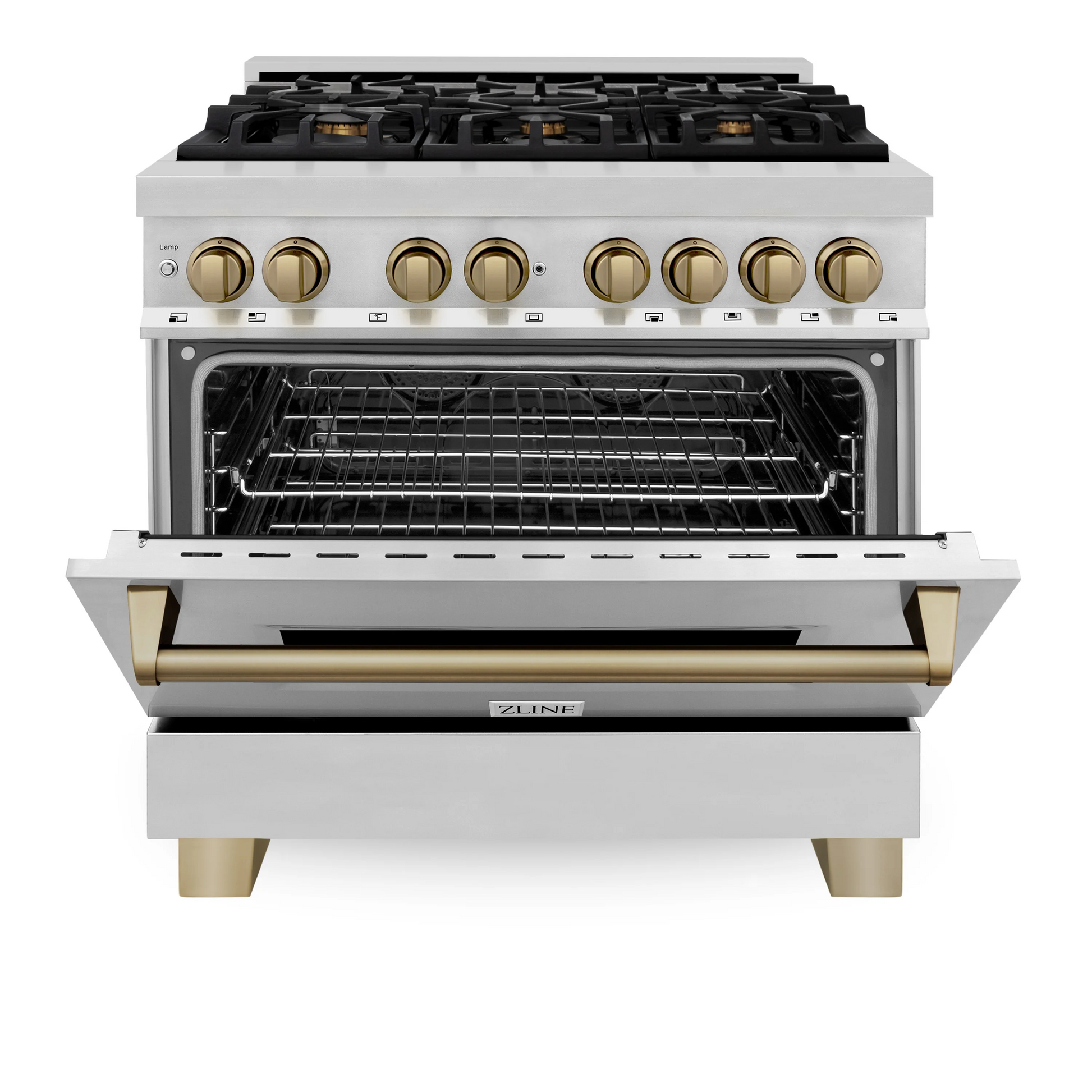 ZLINE Autograph Edition 36" Stainless Steel 6 Burner Dual Fuel Range With Champagne Bronze Accents and 4.6 cu. ft. Electric Oven