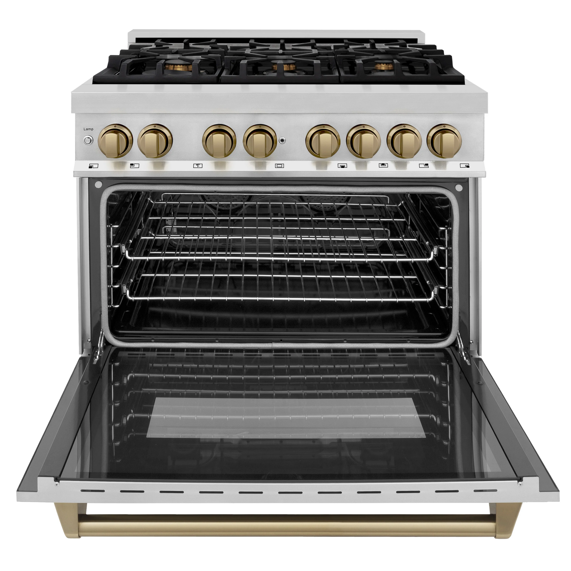 ZLINE Autograph Edition 36" Stainless Steel 6 Burner Dual Fuel Range With Champagne Bronze Accents and 4.6 cu. ft. Electric Oven