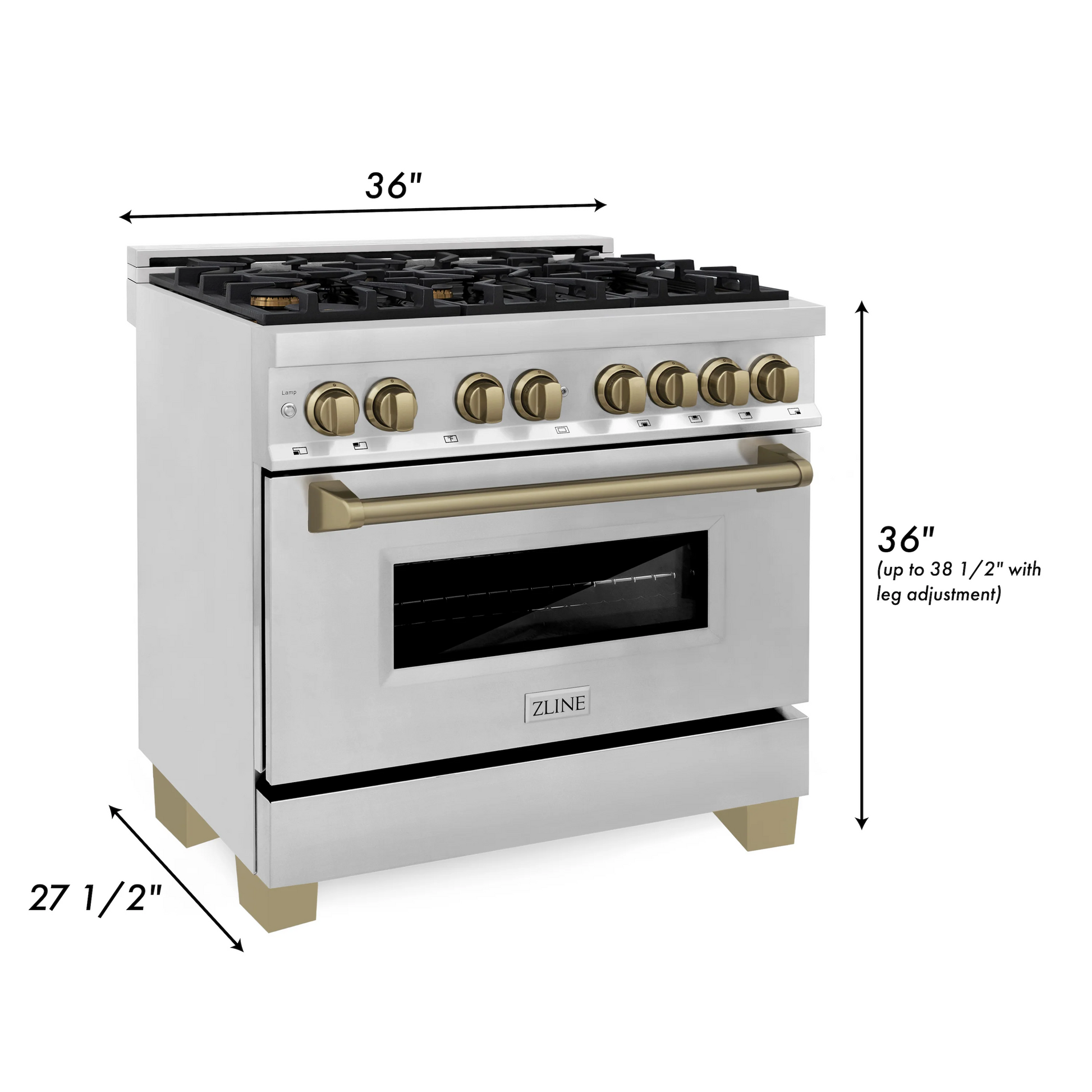 ZLINE Autograph Edition 36" Stainless Steel 6 Burner Dual Fuel Range With Champagne Bronze Accents and 4.6 cu. ft. Electric Oven