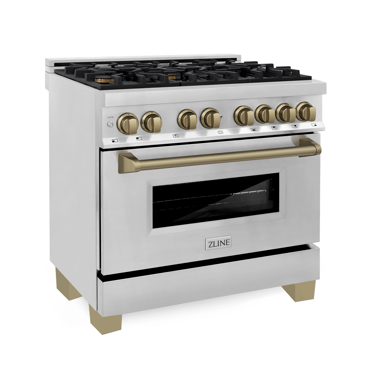 ZLINE Autograph Edition 36" Stainless Steel 6 Burner Dual Fuel Range With Champagne Bronze Accents and 4.6 cu. ft. Electric Oven