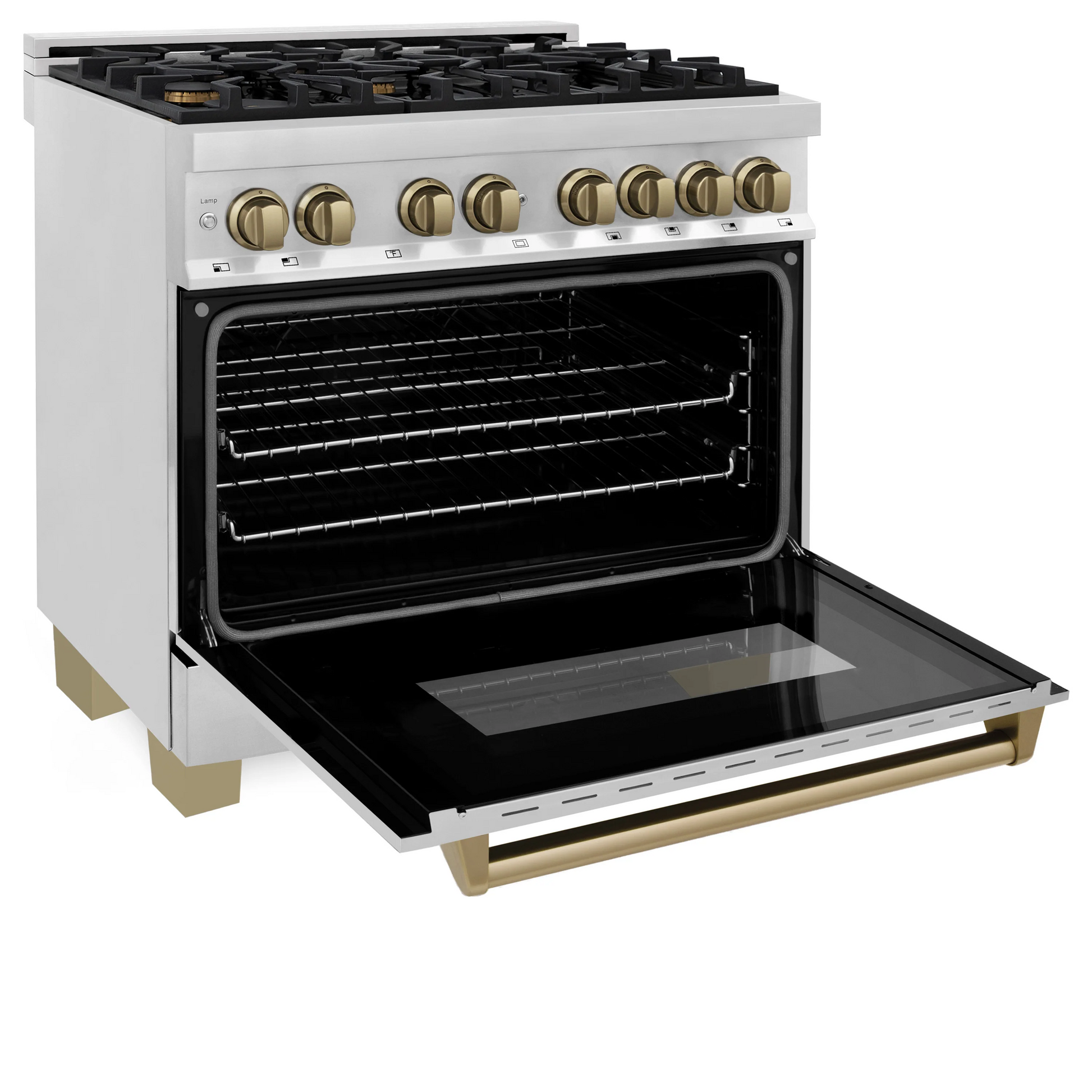 ZLINE Autograph Edition 36" Stainless Steel 6 Burner Dual Fuel Range With Champagne Bronze Accents and 4.6 cu. ft. Electric Oven