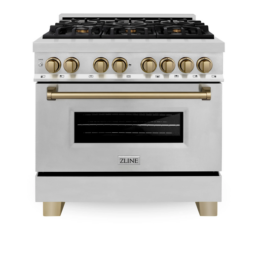 ZLINE Autograph Edition 36" Stainless Steel 6 Burner Dual Fuel Range With Champagne Bronze Accents and 4.6 cu. ft. Electric Oven