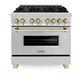 ZLINE Autograph Edition 36" Stainless Steel 6 Burner Dual Fuel Range With Gold Accents and 4.6 cu. ft. Electric Oven