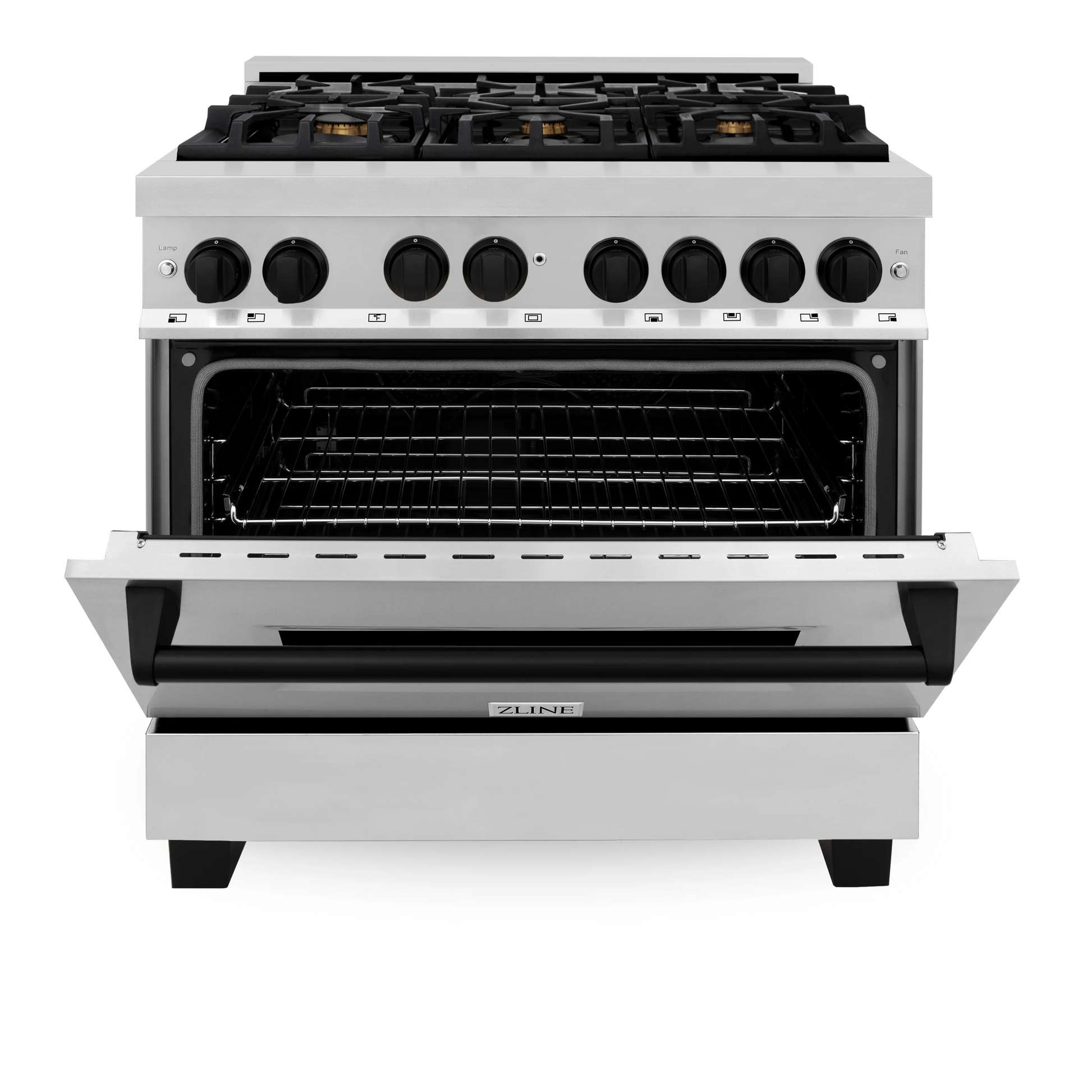 ZLINE Autograph Edition 36" Stainless Steel 6 Burner Dual Fuel Range With Matte Black Accents and 4.6 cu. ft. Electric Oven