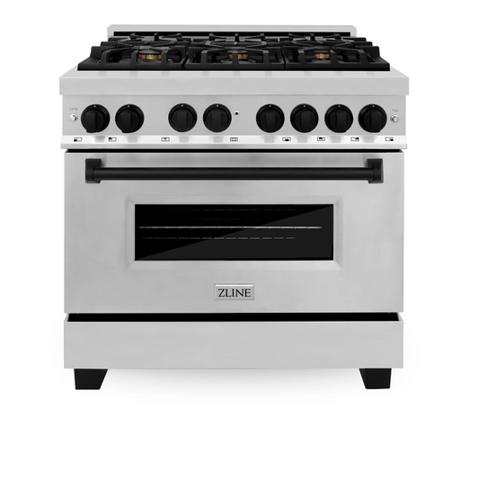 ZLINE Autograph Edition 36" Stainless Steel 6 Burner Dual Fuel Range With Matte Black Accents and 4.6 cu. ft. Electric Oven