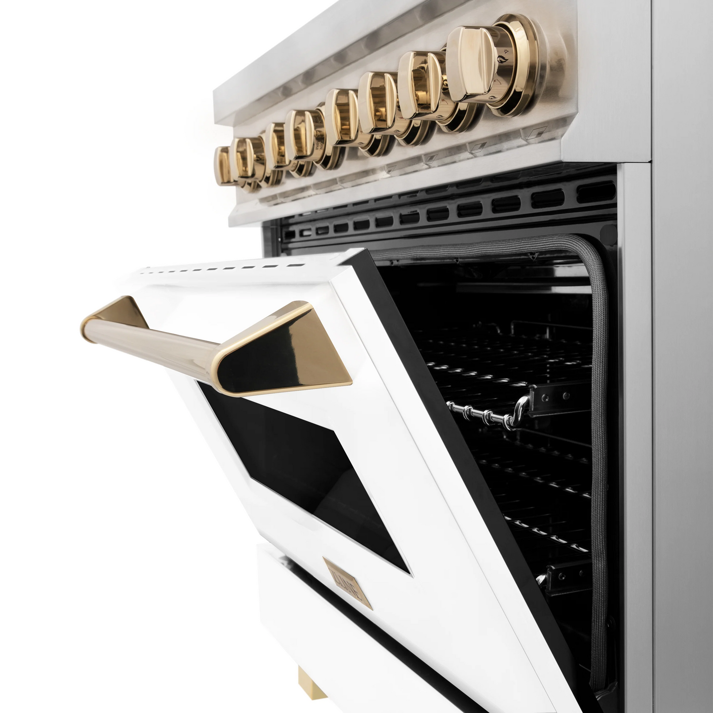 ZLINE Autograph Edition 36" Stainless Steel 6 Burner Dual Fuel Range With White Matte Door, Gold Accents and 4.6 cu. ft. Electric Oven